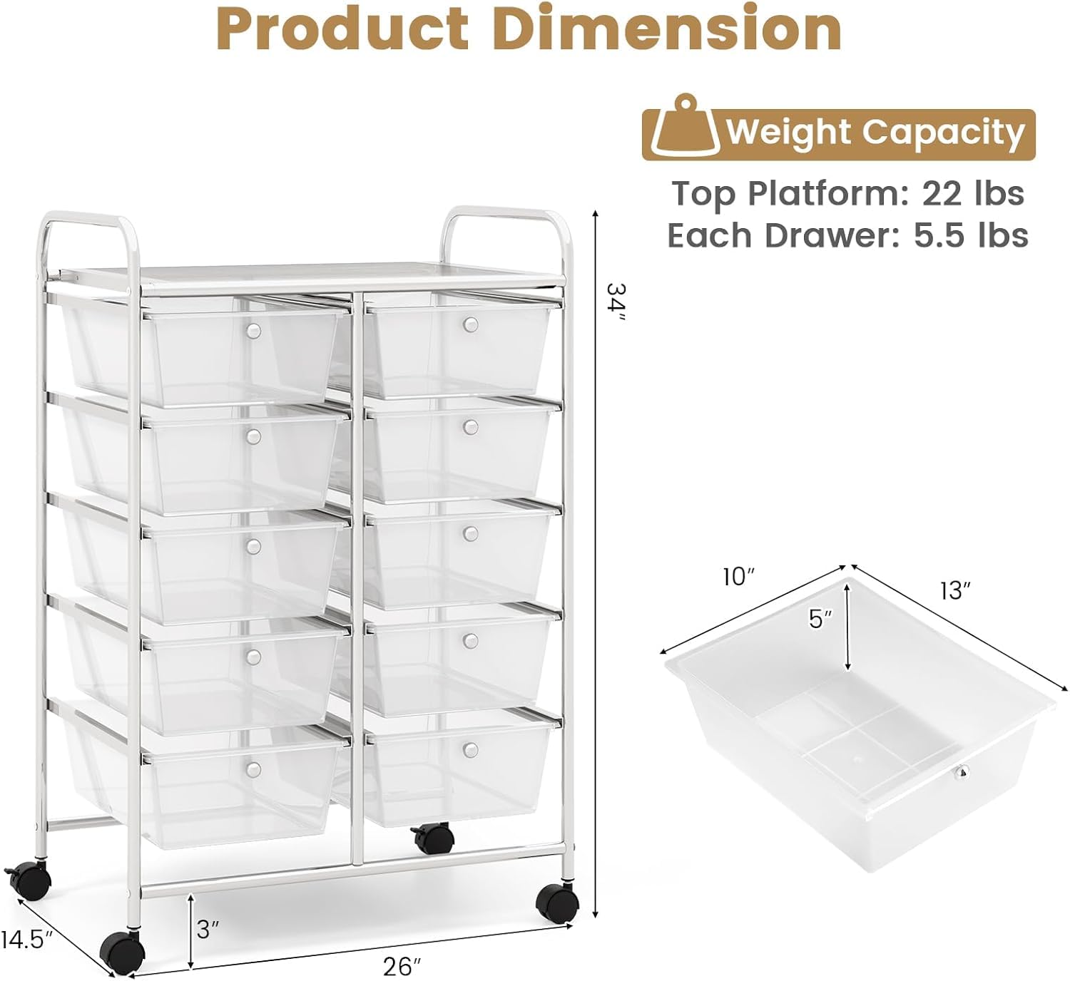 LDAILY 10-Drawer Rolling Storage Cart Organizer with Wheels | Metal Frame & Large Capacity | Mobile Utility Cart for Living Room, Classroom, Office Organization | Perfect for Craft Supplies, School Materials & Office Essentials (Clear)