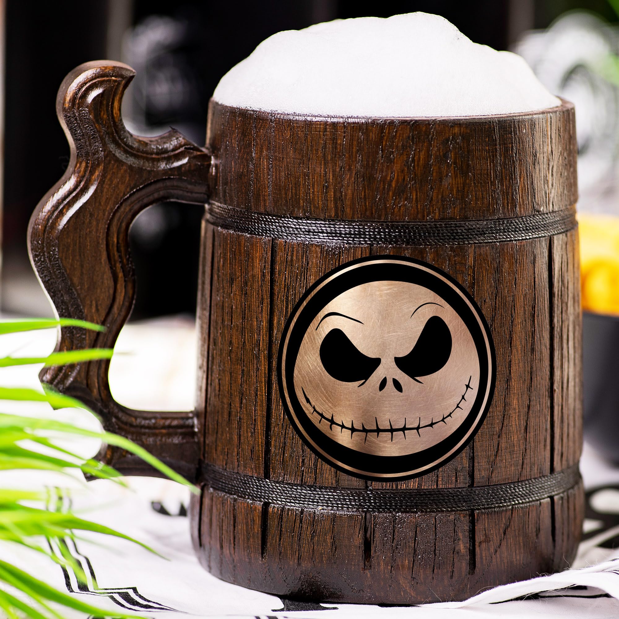 Jack Skellington Nightmare Before Christmas Custom Beer Mug - Personalized Wooden Stein Tankard - Unique Gifts for Men, Dad, Father - Perfect for Halloween, Christmas, Weddings & Anniversaries
