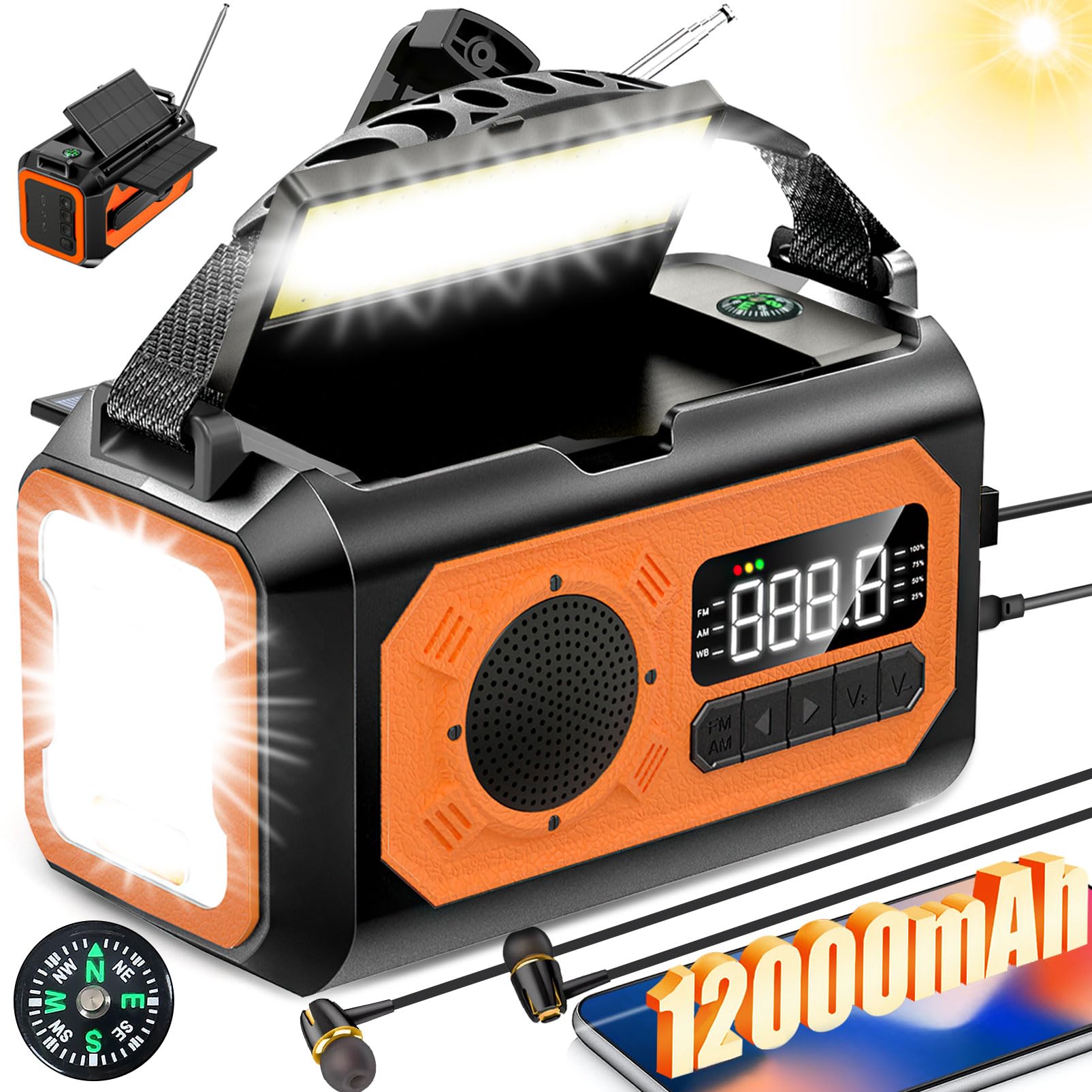 44400mWh/12000mAh Emergency Survival Radio - Solar Hand Crank AM/FM/NOAA Weather Radio with 2 Solar Panels, 3 Charging Methods, SOS Alarm, Flashlight, Phone Charger, Compass & Reading Lamp - Perfect for Camping, Hiking, Power Outages and Emergency Preparedness