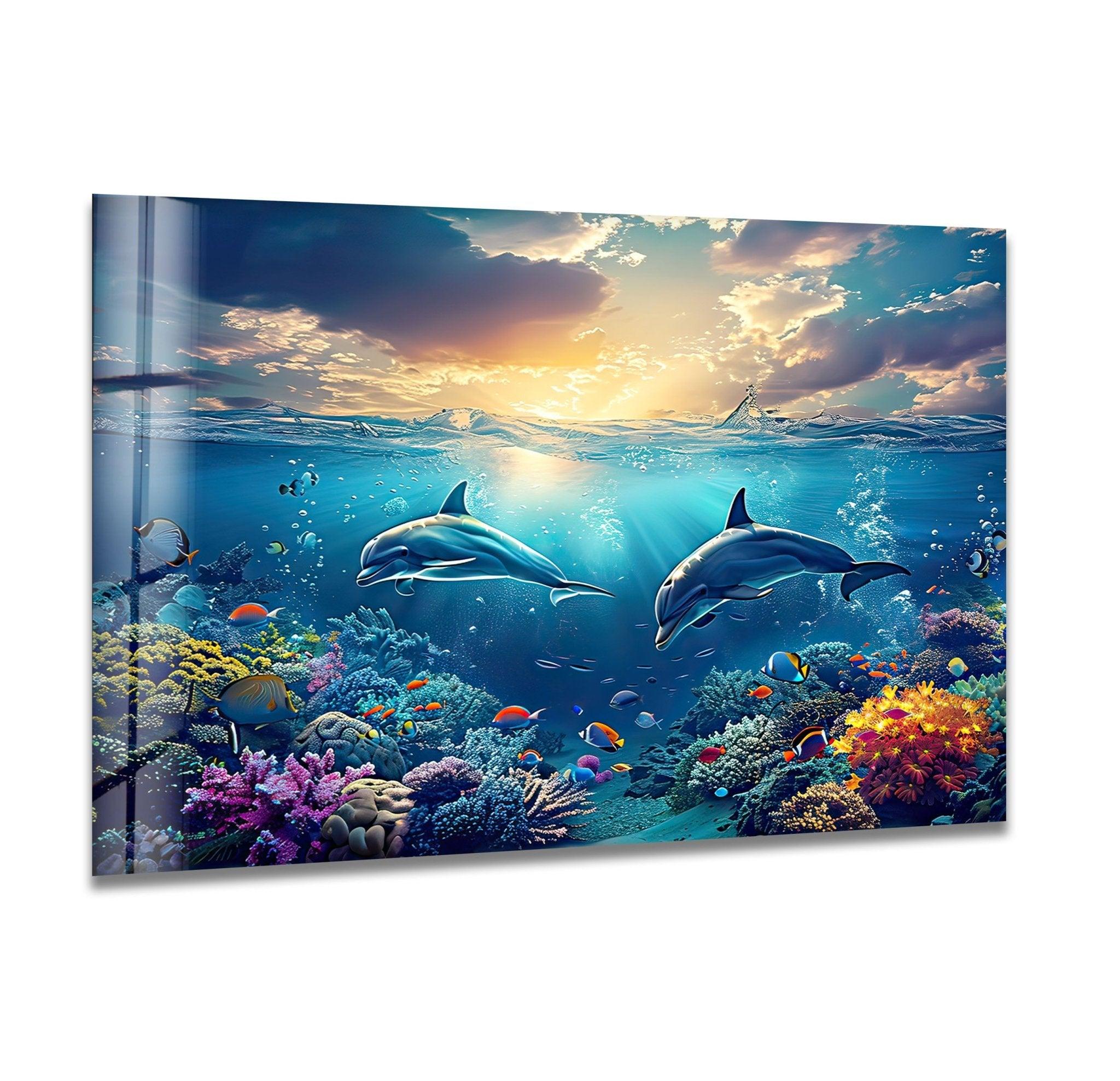 Stunning Dark Blue Dolphins Glass Wall Art - Handmade Ocean Themed Decor for Living Room, Bedroom & Office