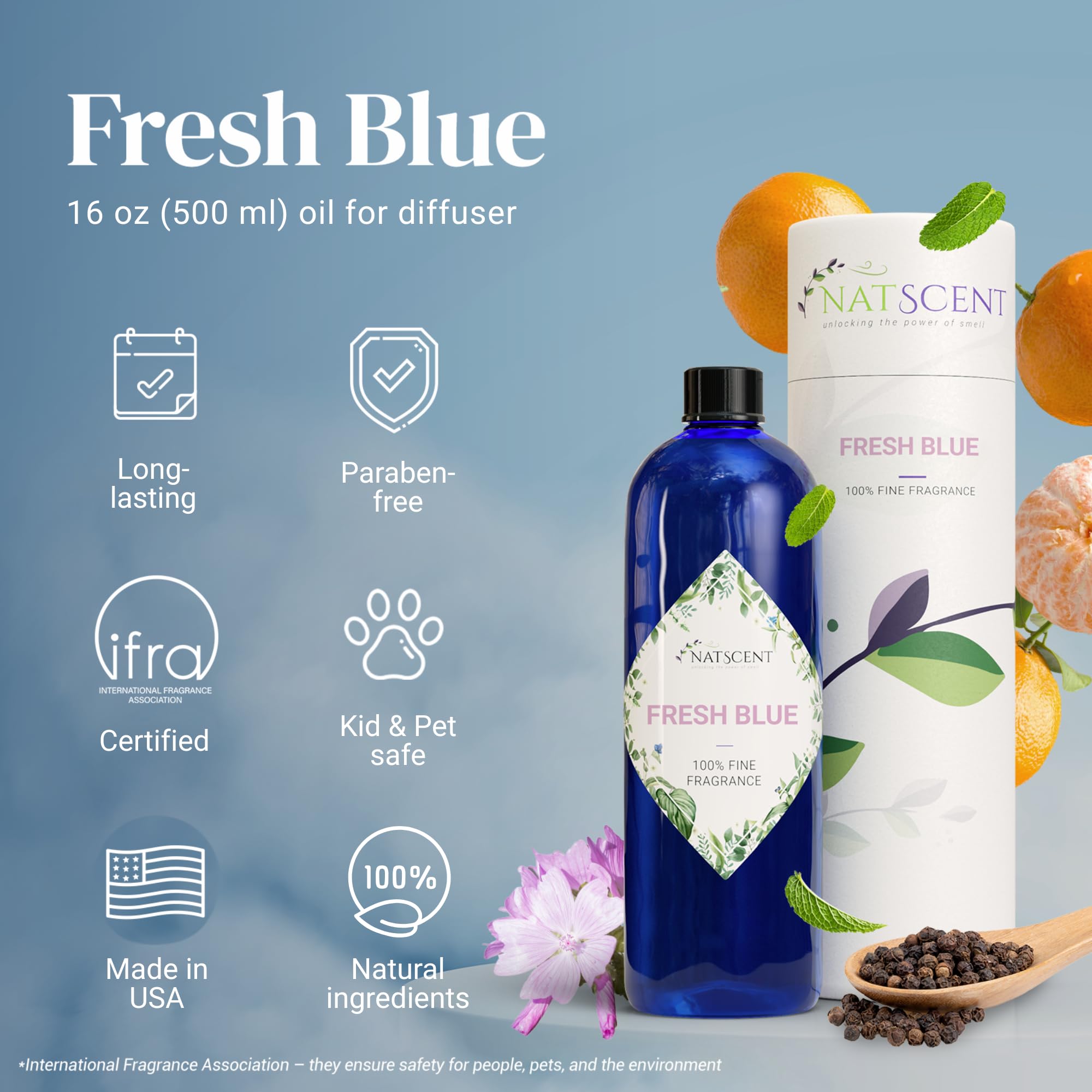 Natural Fresh Blue Essential Oil for Diffusers - 100% Pure Linen Scented Aromatherapy Oil, Long-Lasting Fragrance, IFRA Certified, Safe for Cold Air & Ultrasonic Diffusers (16oz) - Perfect for Home Relaxation, Spa, Yoga & Stress Relief