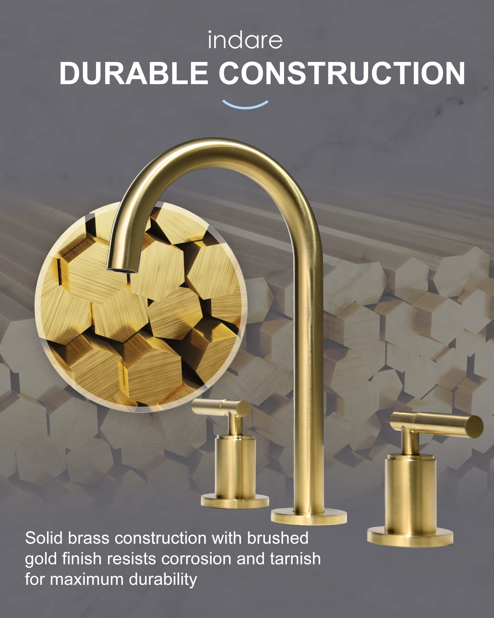 Brushed Gold Bathroom Faucet - Indare 2-Handle Widespread Sink Faucet with 360° Swivel Spout, 4-8 Inch Centerset, Brass Construction, Includes Pop-Up Drain & Water Supply Lines - Perfect for Modern Bathroom Vanities and Powder Rooms