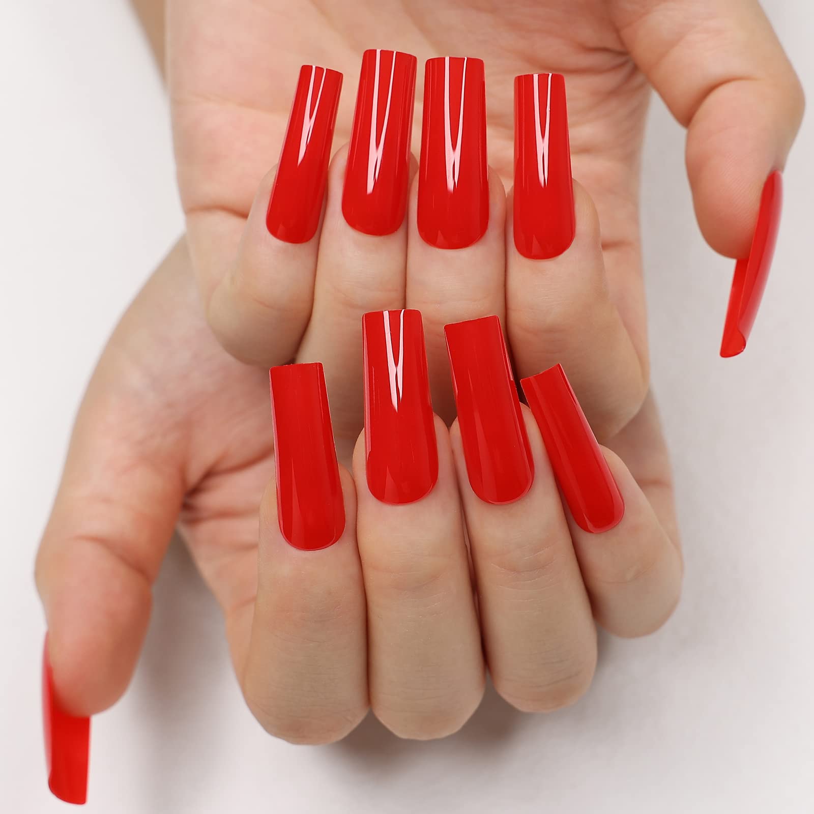 Kikmoya Extra Long Square Press on Nails - Glossy Red Fake Nails, Full Cover False Nail Tips, Acrylic Stick on Nails for Women - Perfect for Parties, Weddings, and Everyday Manicure