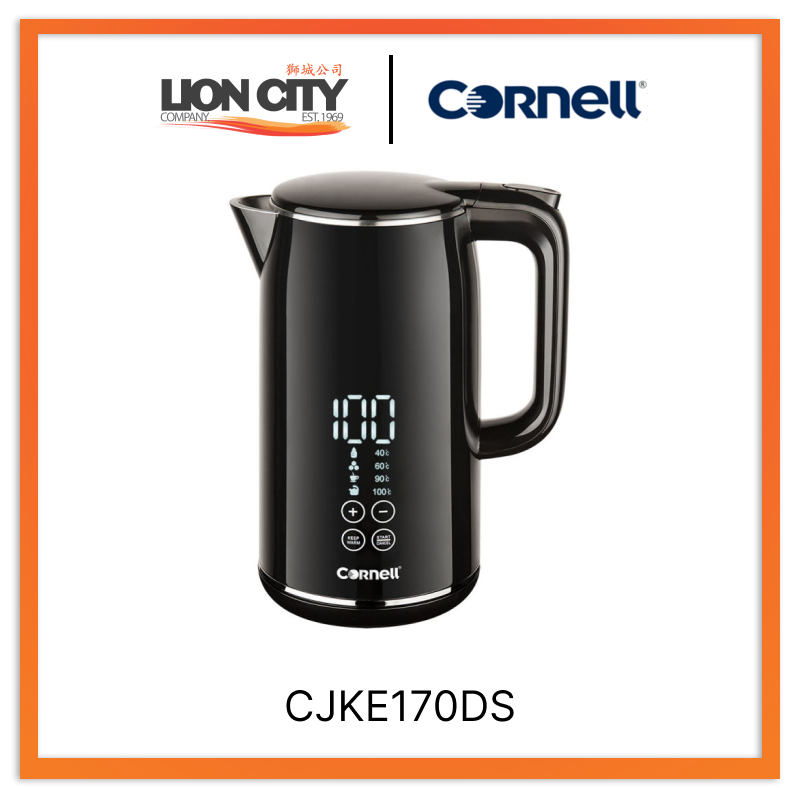 Cornell 1.7L Smart Electric Kettle with Digital Display - Cool Touch Exterior, Stainless Steel Interior, Fast Boiling - Perfect for Home, Office, Dorm & Tea/Coffee Lovers