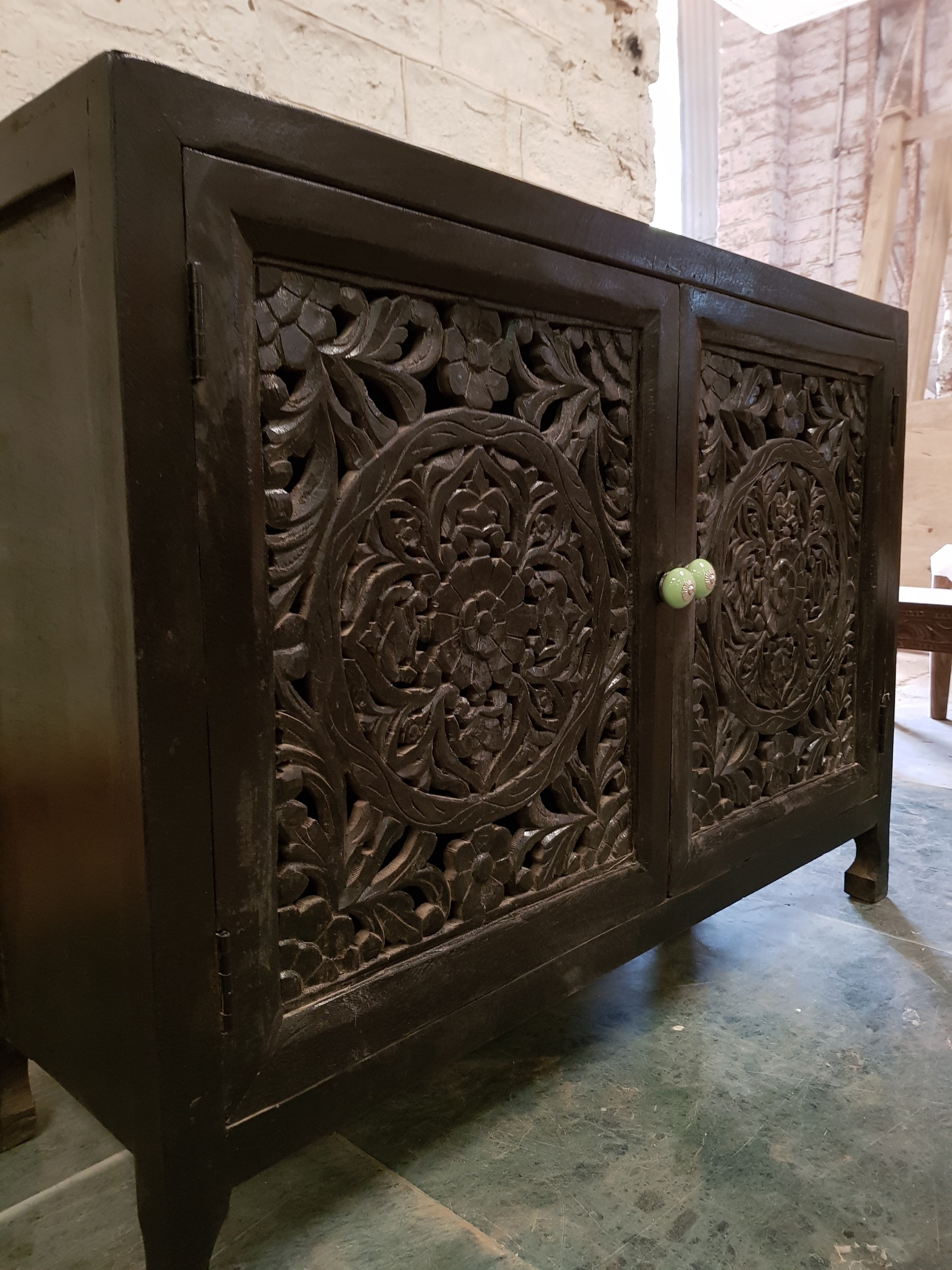 Hand Carved Indian Solid Wood Small Buffet Sideboard - Traditional Dynasty Style for Dining Room, Living Room & Entryway Storage