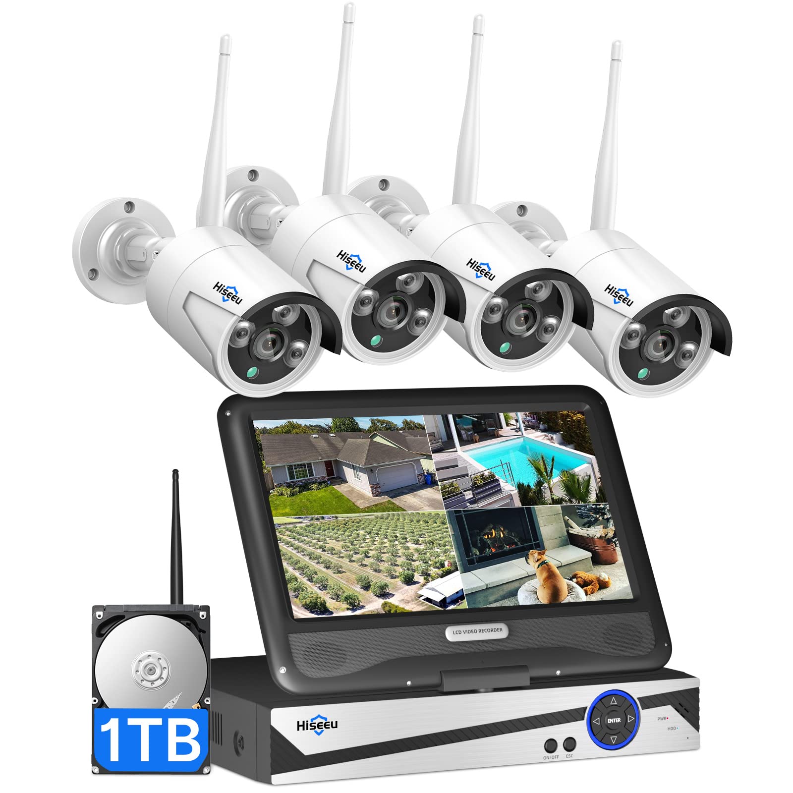 Hiseeu 10CH Expandable Wireless Security Camera System with 10in LCD 4K Monitor - 4 Pack 5MP Indoor/Outdoor Cameras, One-Way Audio, Waterproof, Motion Detection, 1TB HDD & Cloud Storage, Alexa Compatible - Ideal for Home Security, Business Surveillance, and Property Monitoring
