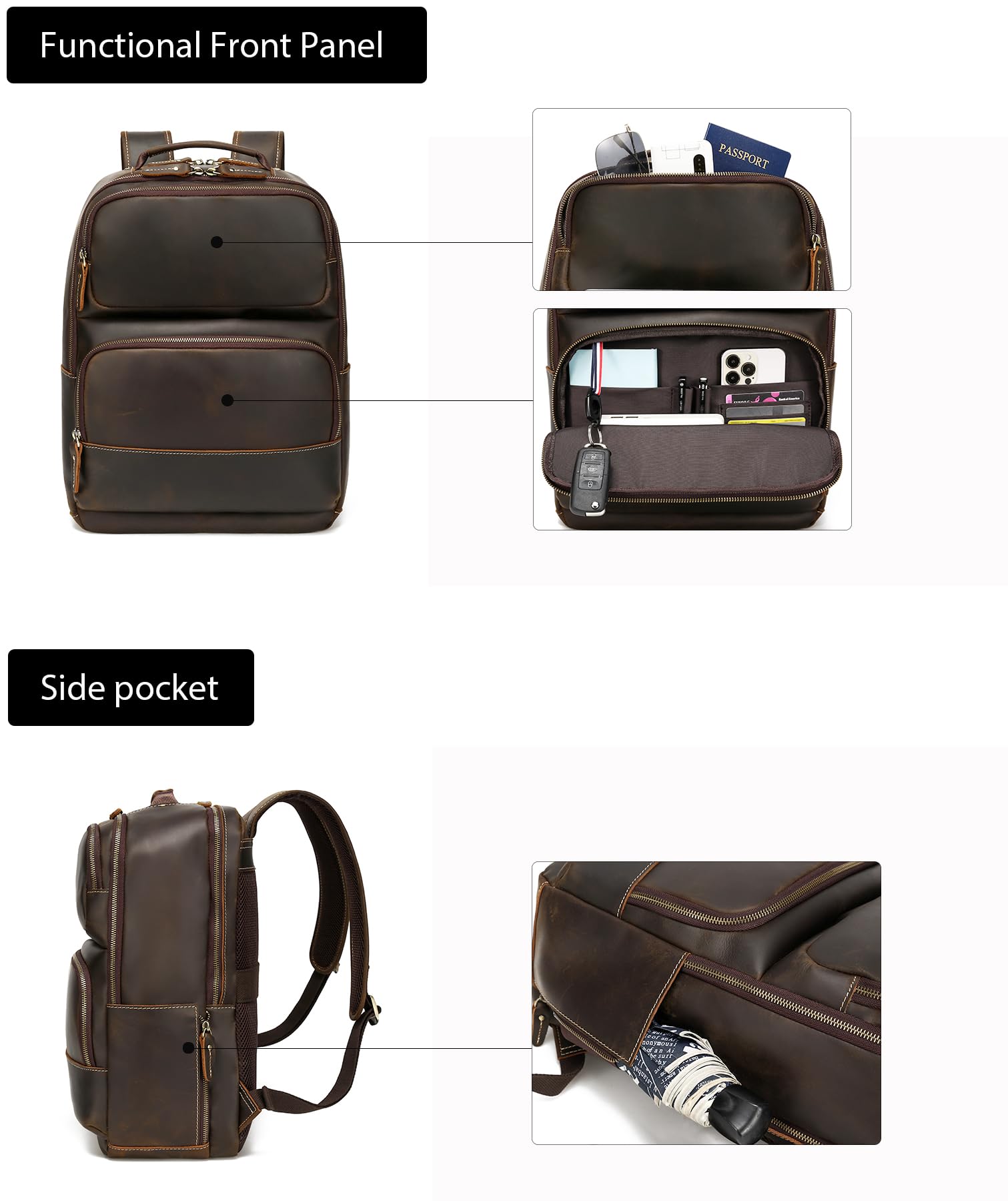 Vintage Genuine Leather Backpack for Men - 15.6 Inch Laptop Backpack, Durable Travel Rucksack for Camping, Hiking & Business Use