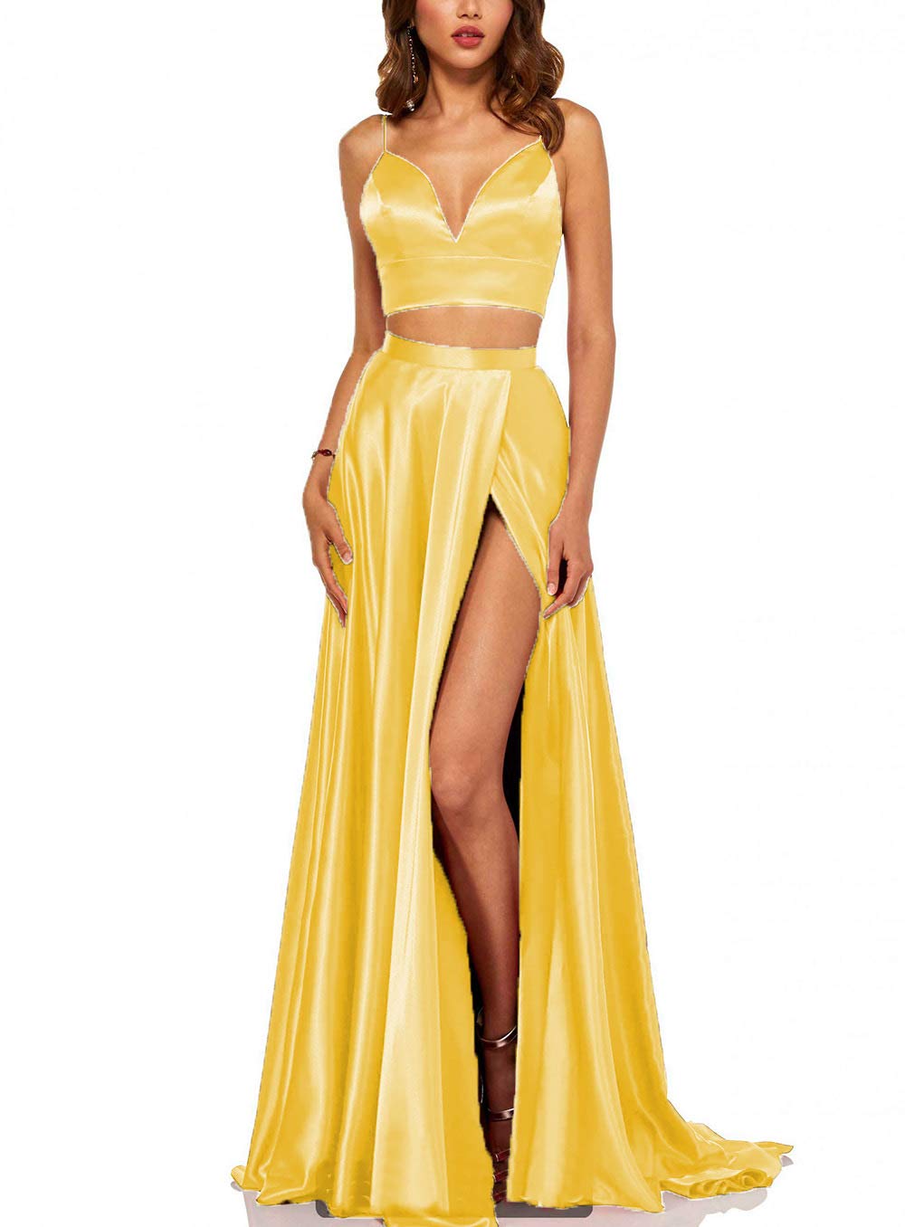 Elegant V-Neck Spaghetti Strap Two Piece Prom Dress 2023 - Long Formal Gown with Thigh High Slit & Pockets, Bow Tie Back Design for Evening Party, Homecoming, Prom Night & Special Occasions