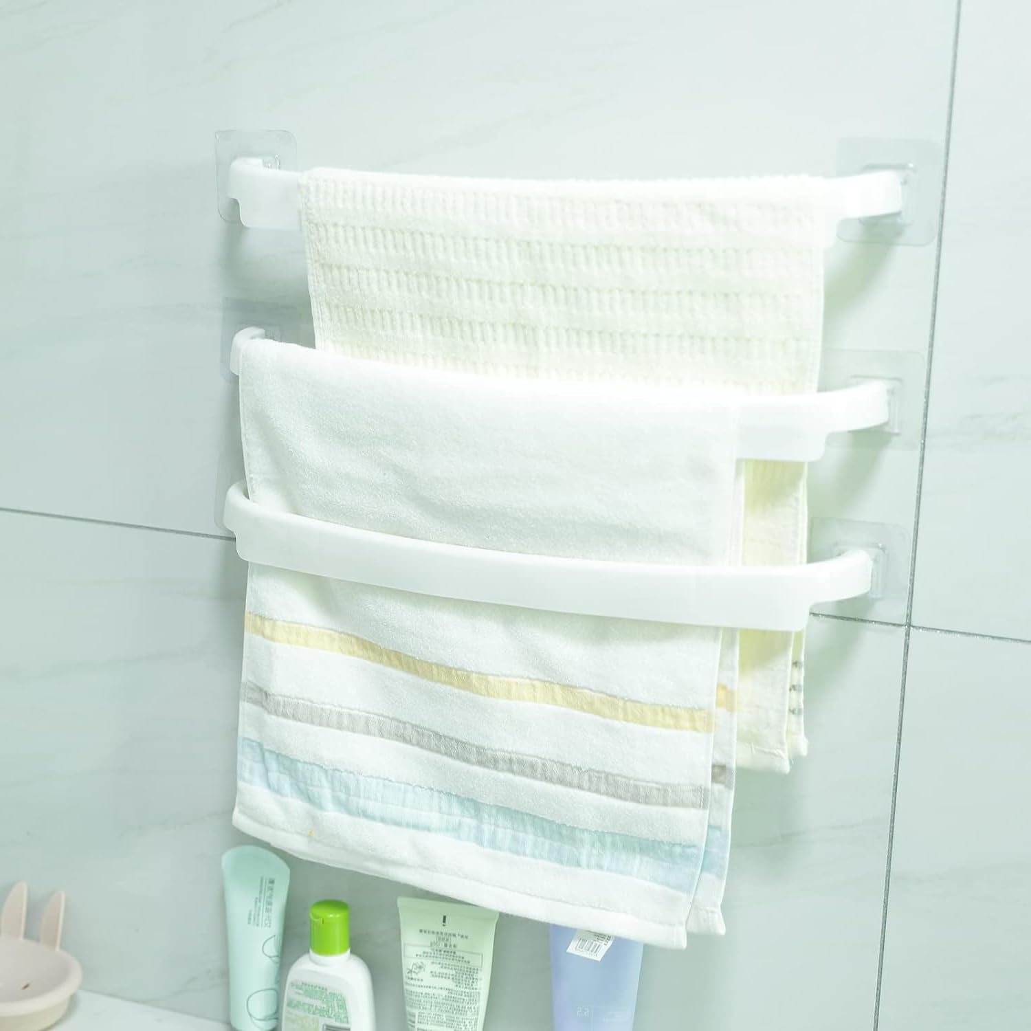 Kuber Industries Wall Mounted Towel Hanger - 3 Pack White Bathroom & Kitchen Organizer | Premium PP Material Self-Adhesive Multipurpose Hook for Towels, Napkins, Clothes | Perfect for Bathroom, Kitchen, Laundry Room Organization