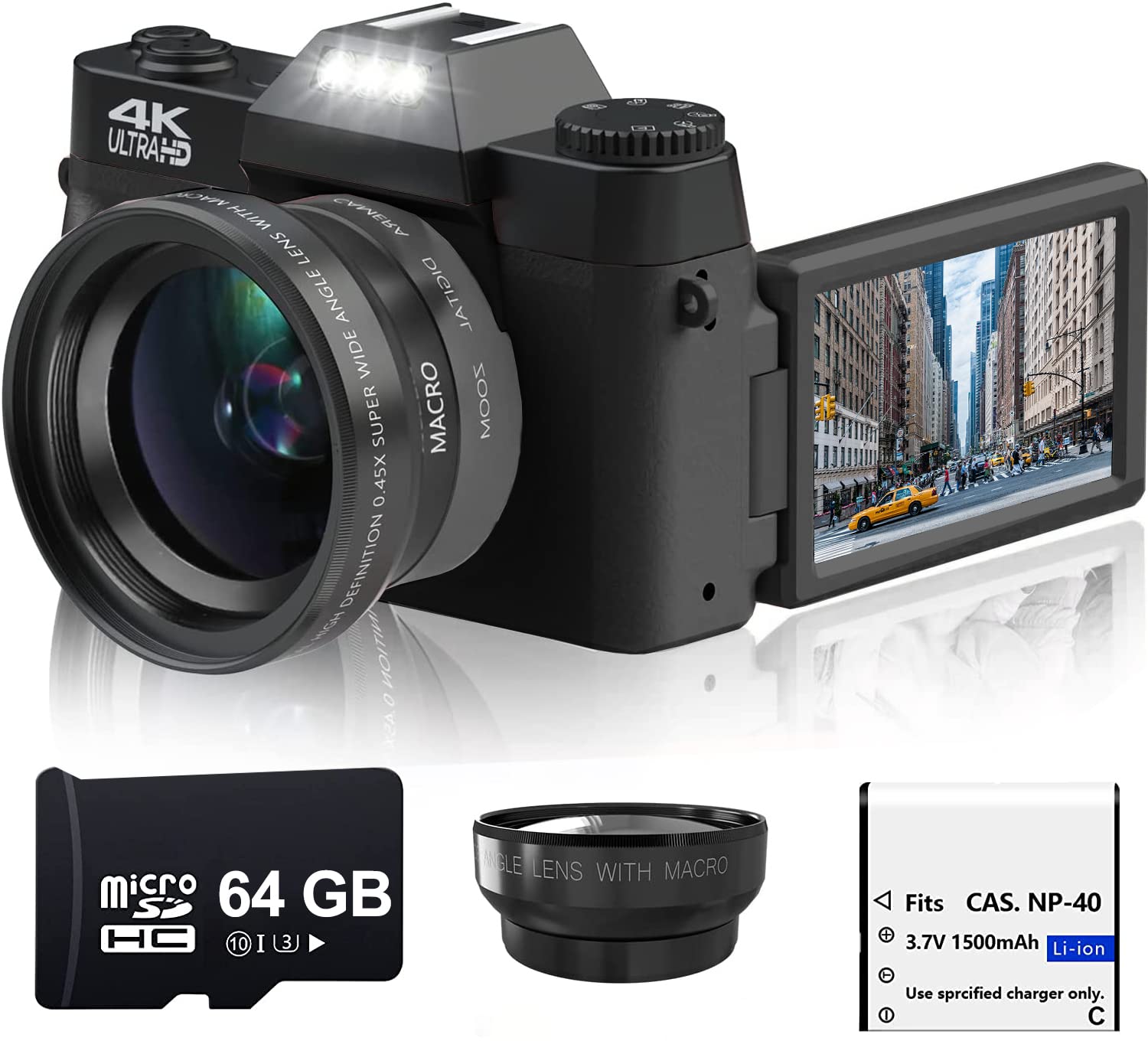 Acuvar 4K 48MP Digital Camera for Photography & YouTube Vlogging - 3.0’’ 180° Flip Screen, WiFi, 16X Zoom, Wide Angle/Macro Lens, Rechargeable Battery, 64GB SD Card (Black) - Perfect for Travel, Blogging & Content Creation