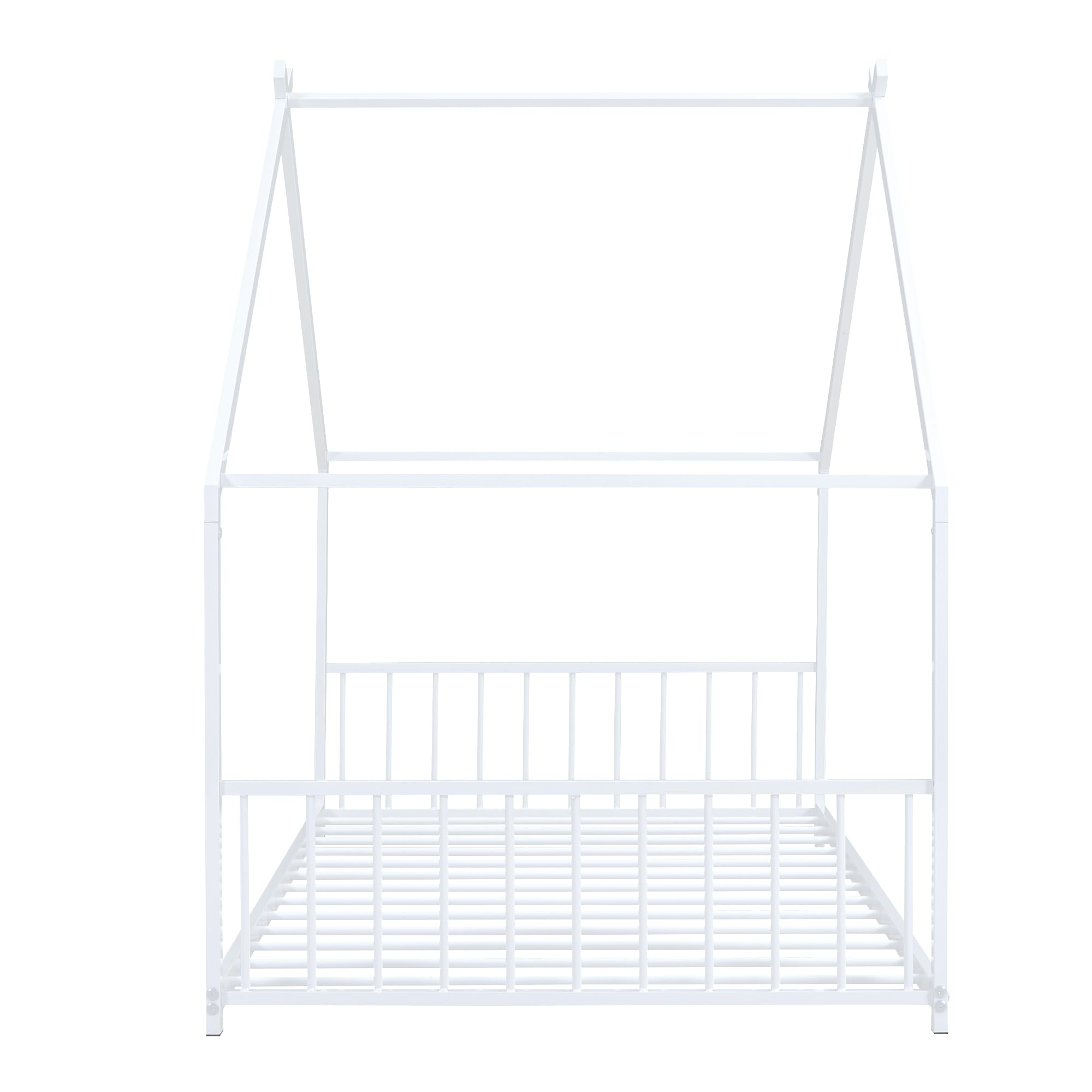 Montessori Twin Size Floor Bed for Kids - White Metal Frame with Headboard, Footboard & Slats - Safe & Sturdy House Bed for Toddlers & Children - Perfect for Montessori Bedrooms, Playrooms & Cozy Sleep Spaces