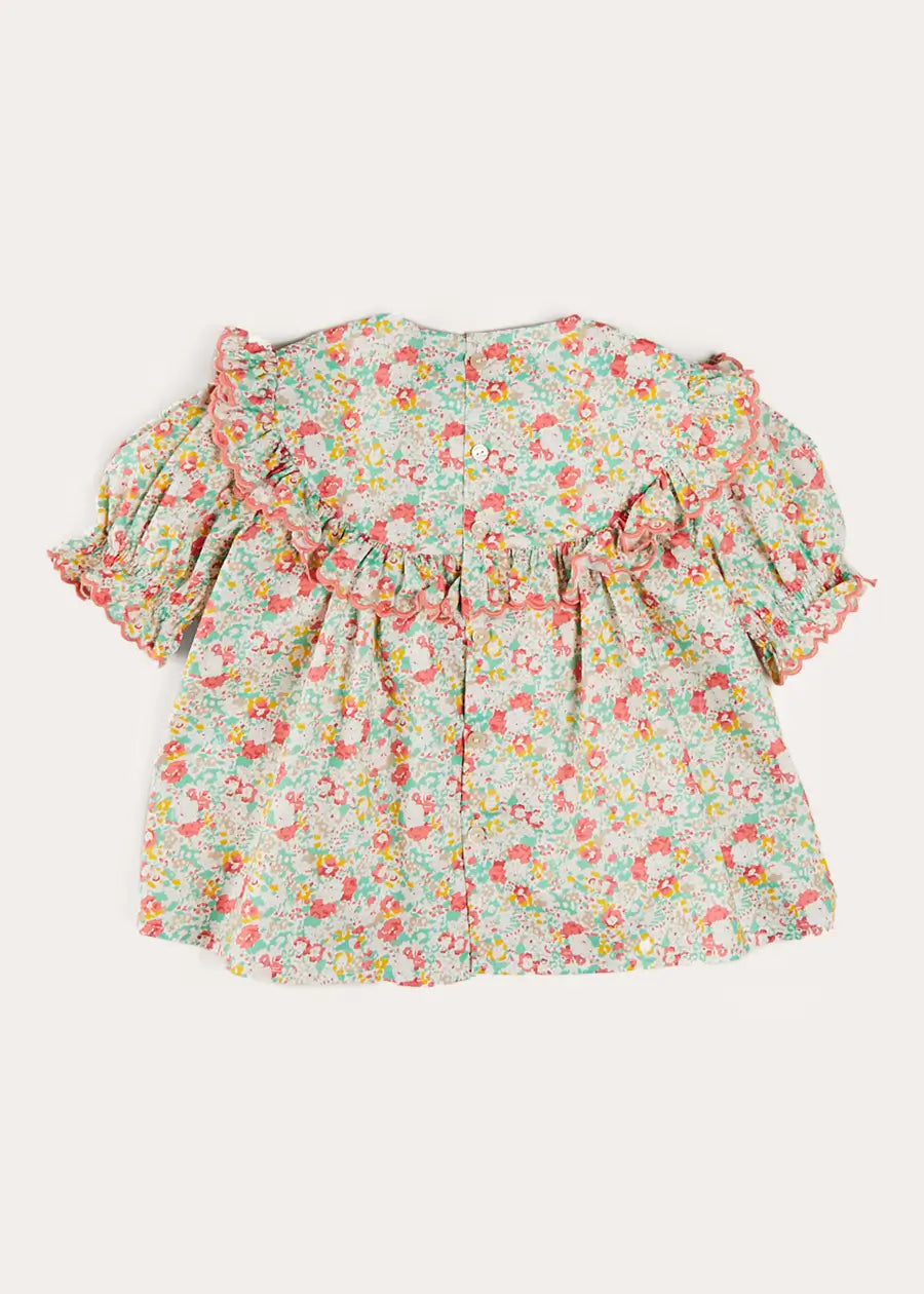 Clementine Floral Smock Detail Short Sleeve Blouse for Girls (2-12 Years) in Coral - Perfect for Spring Outfits & Special Occasions