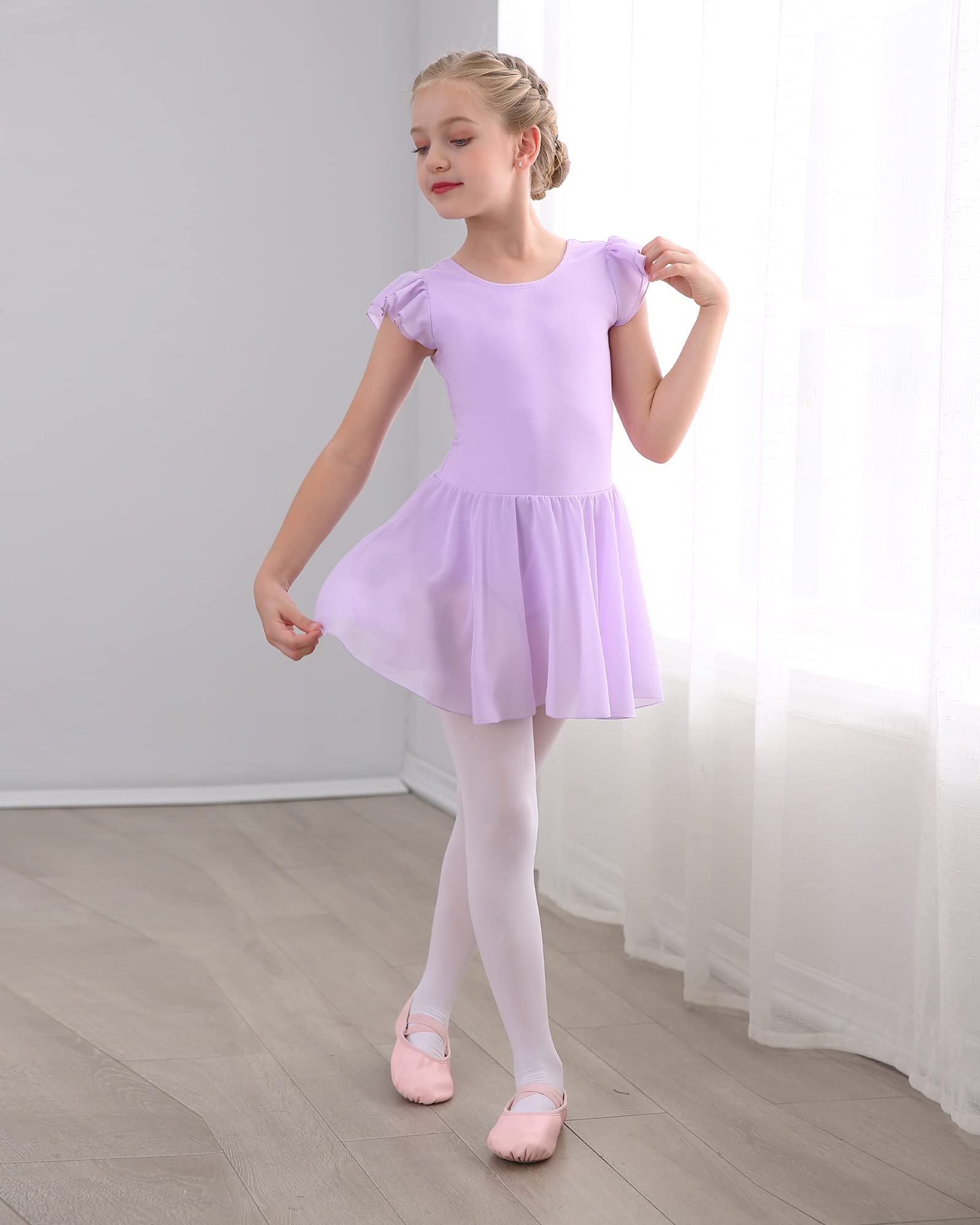 Stelle Girls Ballet Leotard with Ruffle Sleeves & Attached Skirt - Pink Toddler Dance Outfit for Ballet Class, Recital & Performance