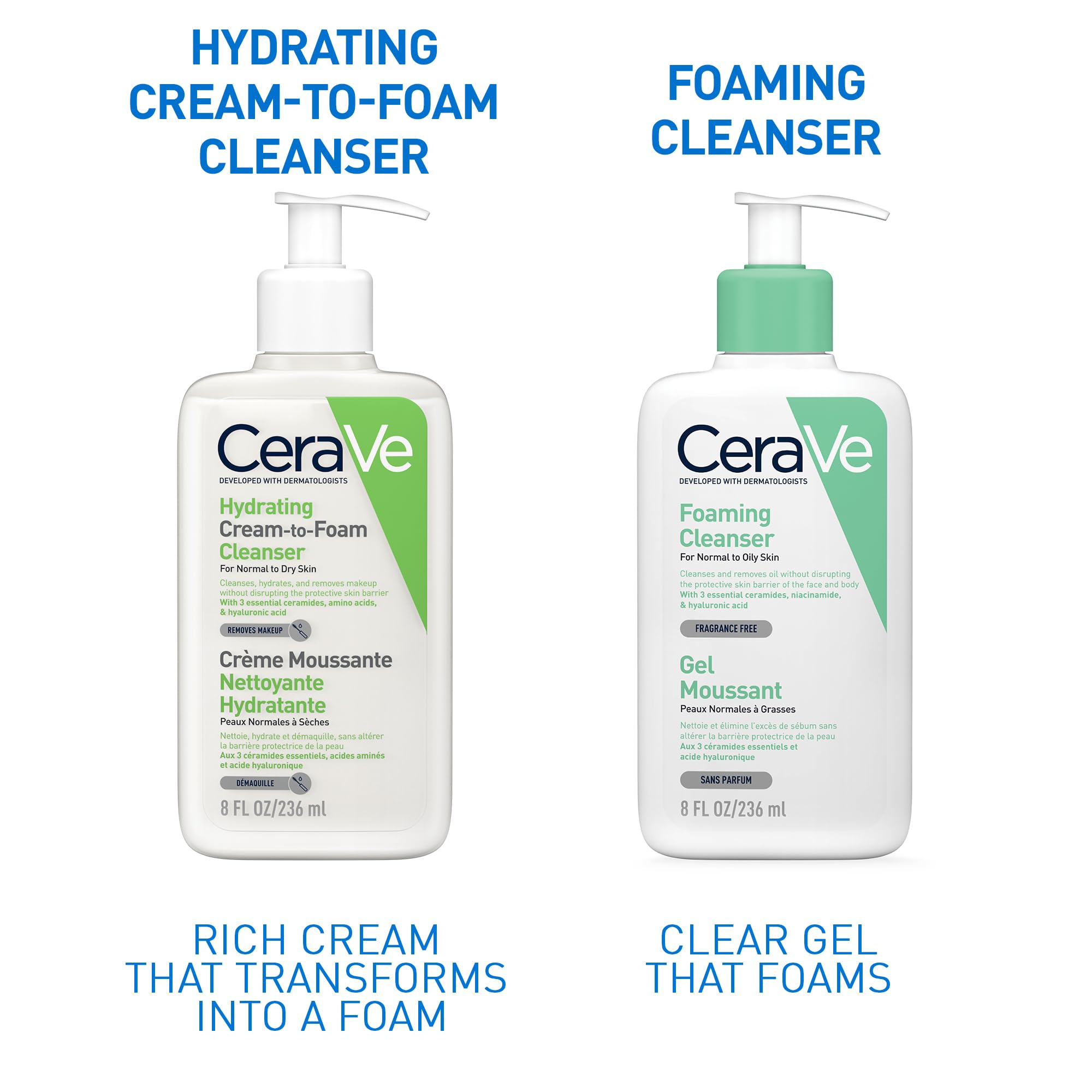 CeraVe Amino Acid Cream-to-Foam Facial Cleanser 8oz for Normal to Dry Skin - Hydrating & Gentle Face Wash for Daily Skincare Routine, Morning & Night Use