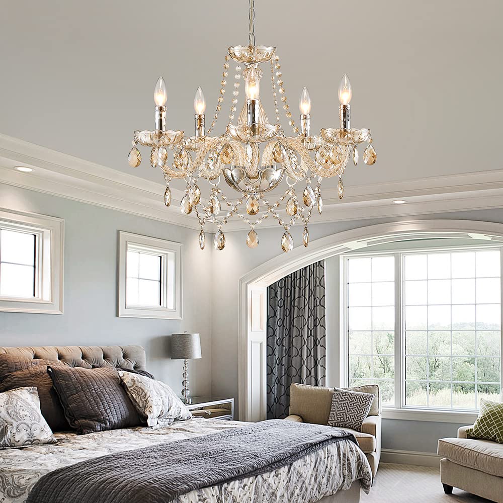 Saint Mossi 5-Light Modern K9 Crystal Chandelier - Elegant Dining Room Pendant Light, Bedroom & Living Room Ceiling Fixture with Champagne Crystals | Perfect for Home Decor, Wedding Venues, and Luxury Interior Lighting