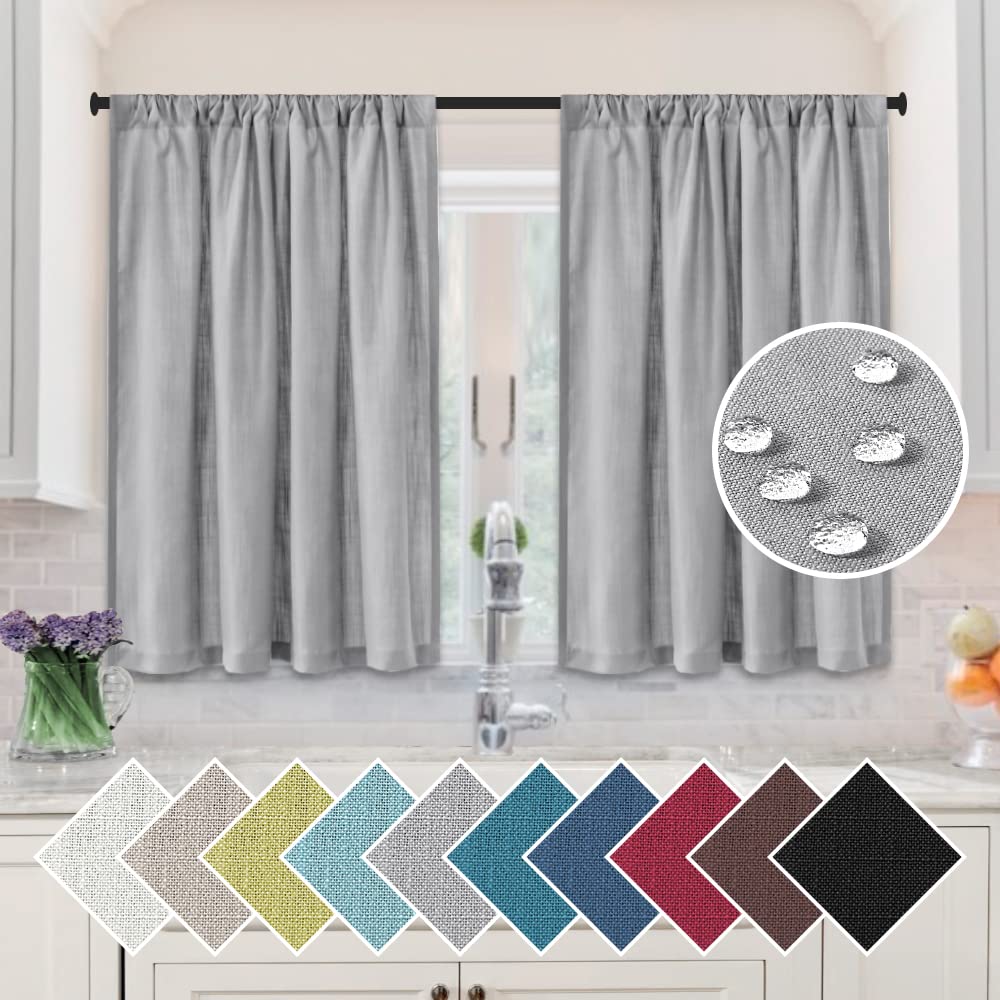H.VERSAILTEX 36 Inch Linen Kitchen Curtains Set of 2 Panels - Waterproof Bathroom Window Curtains, Energy Saving Privacy Shades for Bedroom & Living Room, Grey - Perfect for Home Decor, Sun Protection & Room Darkening