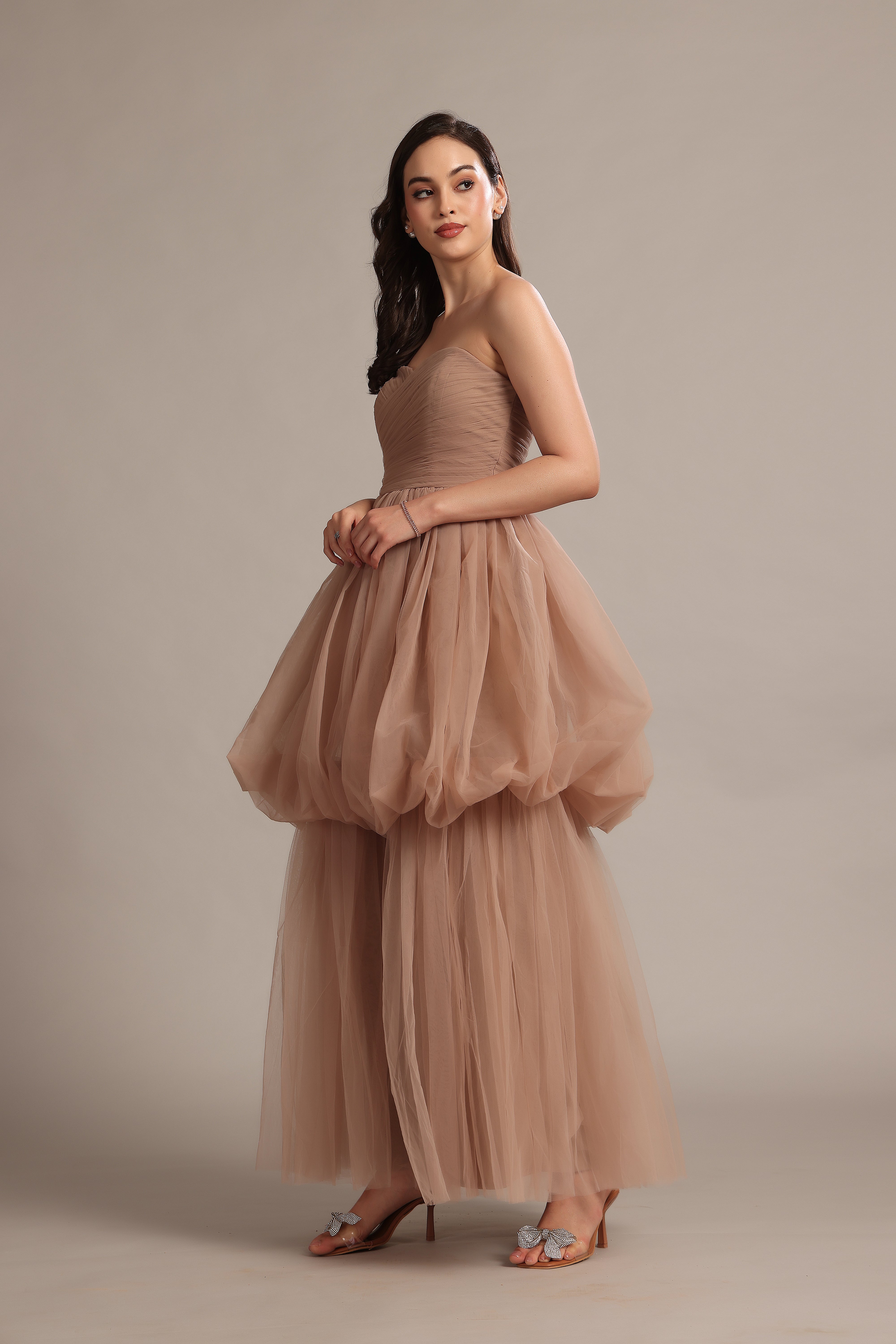 Elegant Nala Strapless Maxi Dress in Taupe - Flowy Beach Wedding Gown for Summer Vacations & Boho Parties
