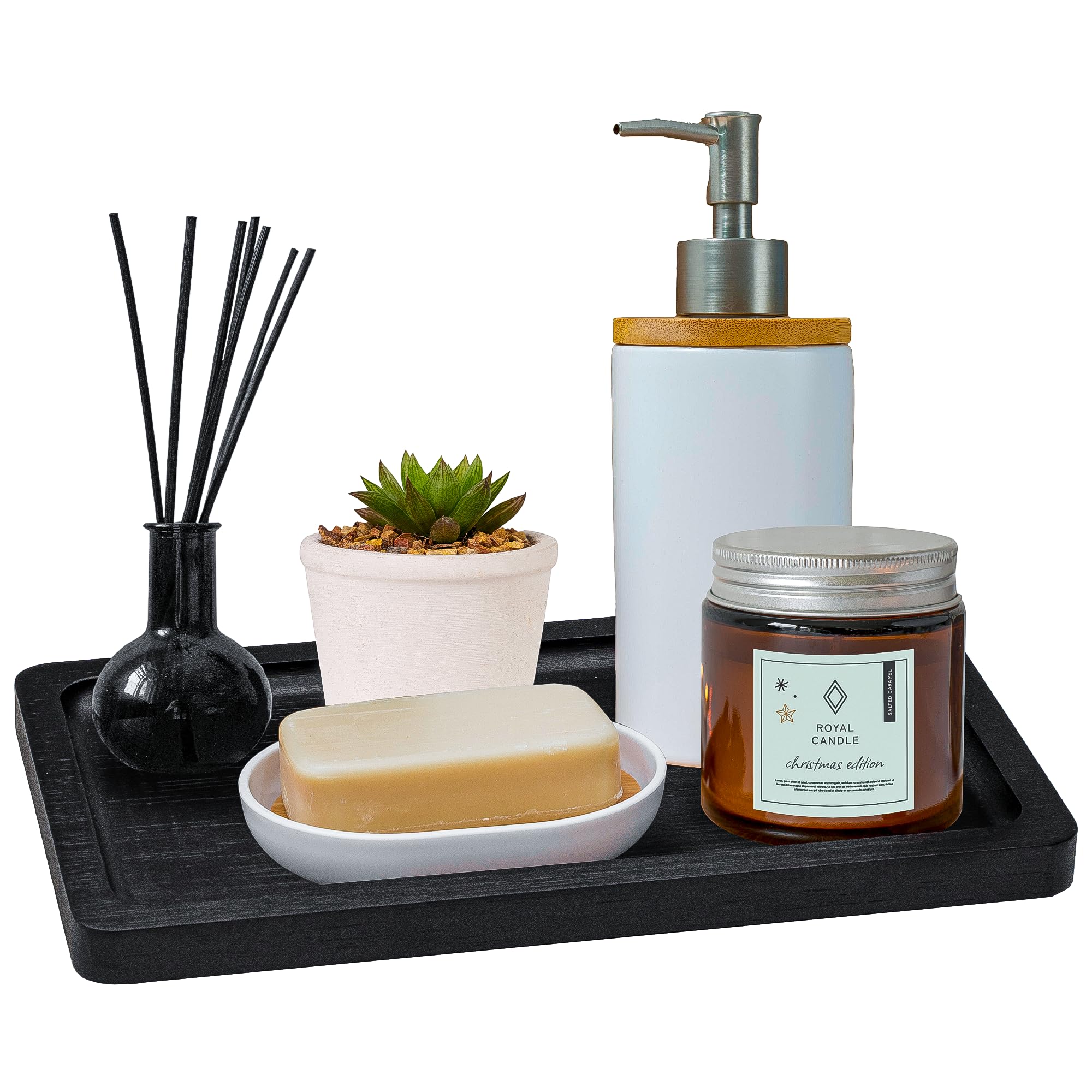 Black Bathroom Tray - Small Matte Black Bamboo Wood Tray for Vanity, Coffee Table & Counter Decor | 9 Inch Perfume Organizer & Cologne Display | Perfect for Bathroom, Bedroom & Living Room Organization