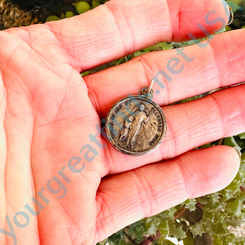 Antique French Sterling Silver Guardian Angel Pendant - Vintage Religious Jewelry for Protection & Blessings | Perfect Gift for Baptism, First Communion & Spiritual Occasions