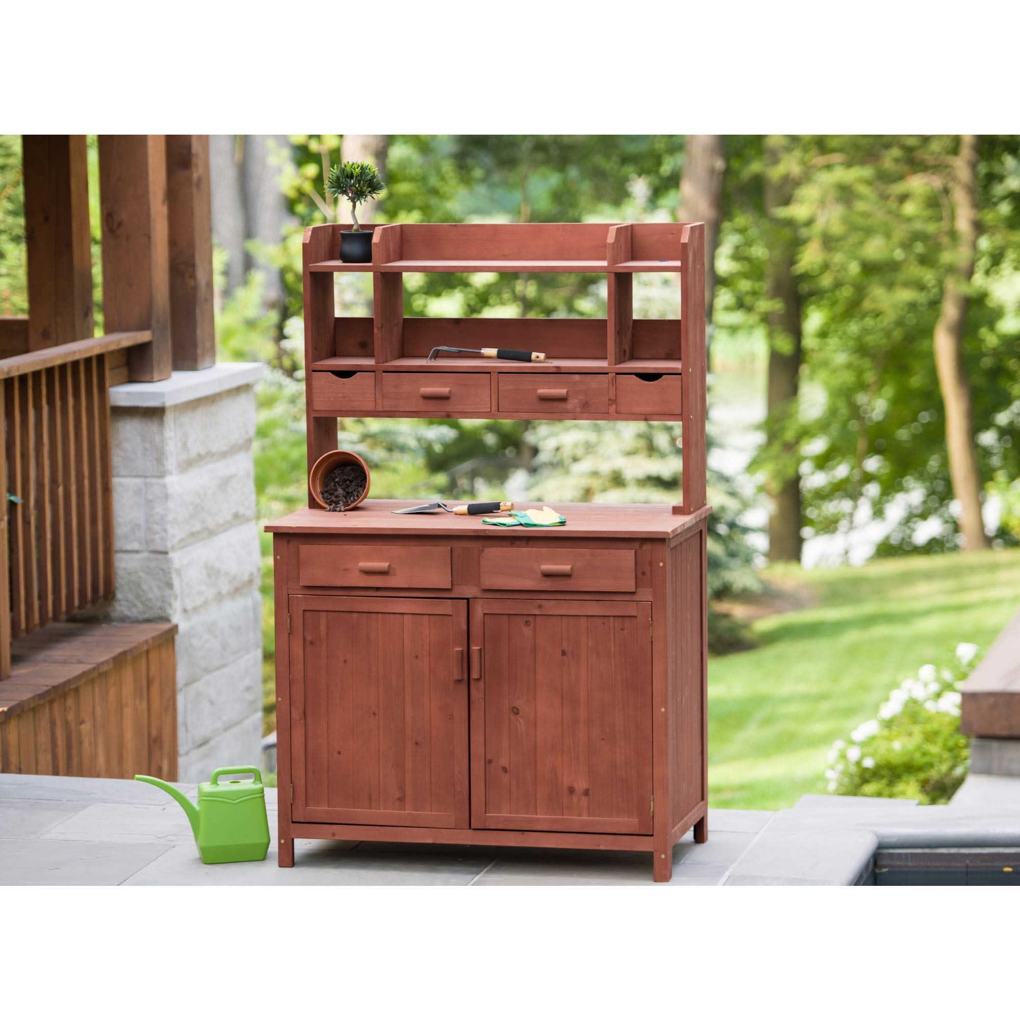 PBS4224-Y Potting Bench with Storage Shelf - Medium Brown Wooden Garden Workbench for Planting & Organizing - Perfect for Patio, Backyard & Outdoor Gardening