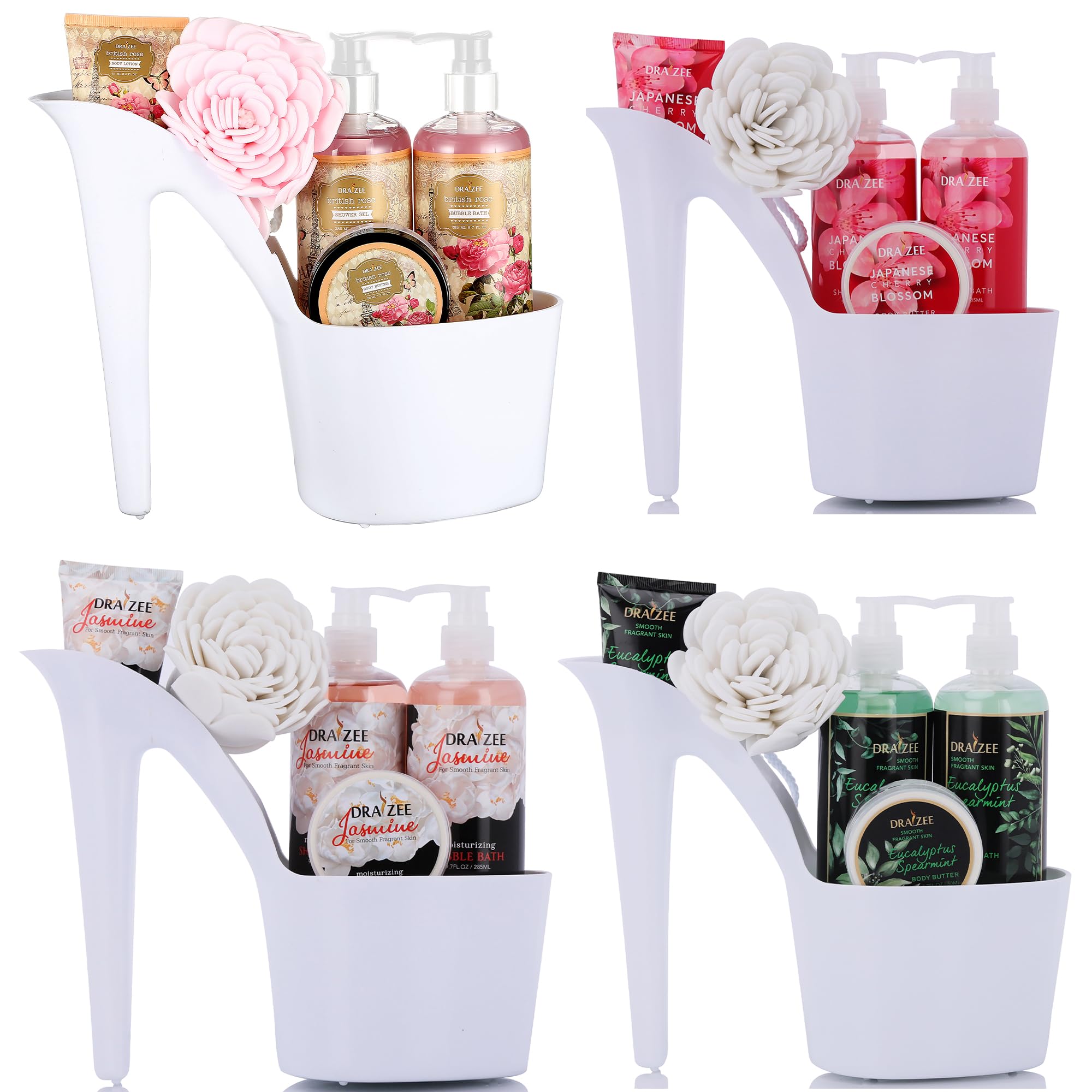 Luxury Spa Gift Set for Women - 4-Piece Bath & Body Basket with Rose, Cherry, Spearmint & Jasmine Scents | Includes Shower Gel, Bubble Bath, Loofah Puff, Body Butter & Lotion | Perfect Birthday, Mother's Day & Christmas Present | Relaxing Self-Care & Pampering Gift Idea