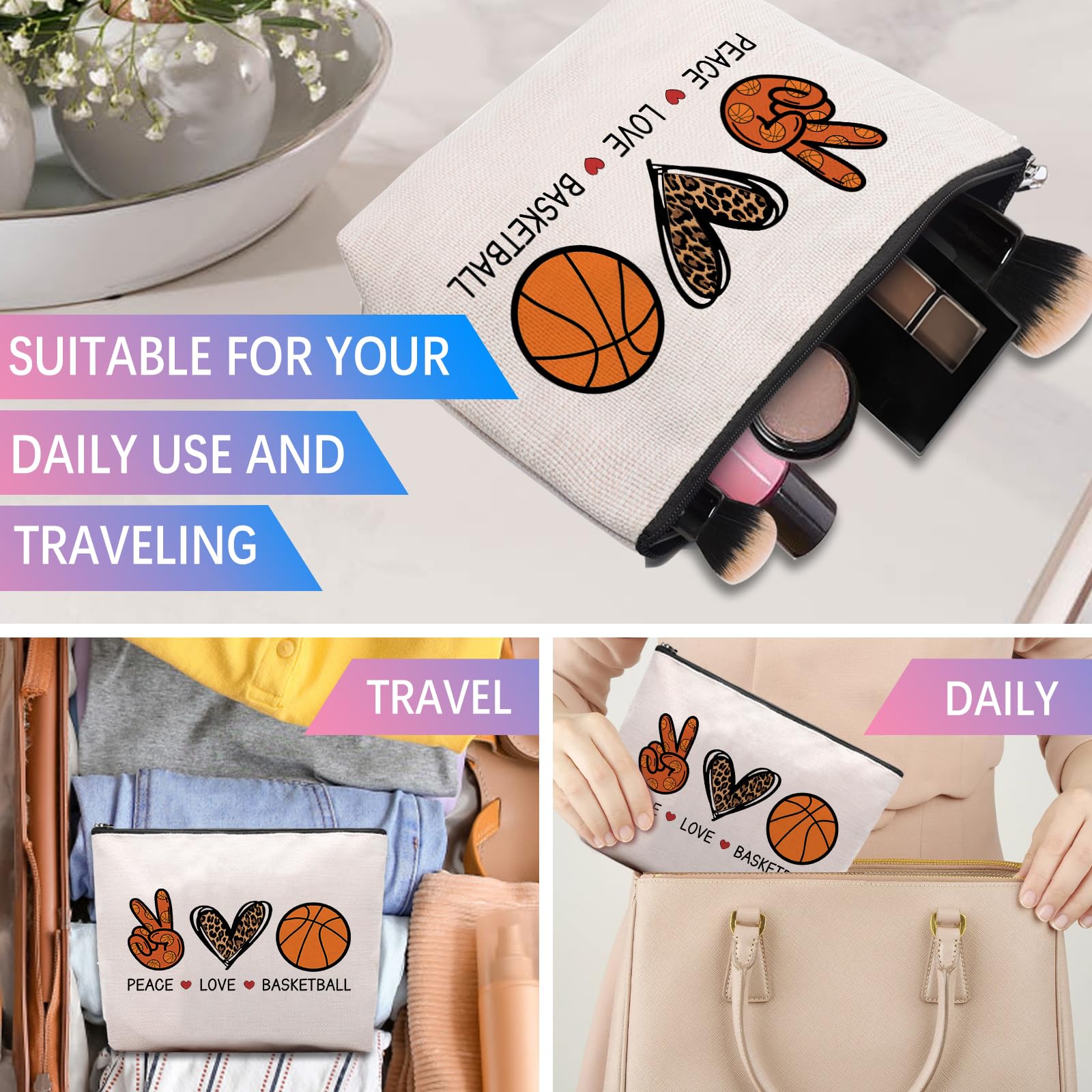 Basketball Themed Makeup Bag for Women - Perfect Cosmetic Pouch Gift for Basketball Players, Fans & Friends - Travel Makeup Organizer for Team Sports Enthusiasts | Ideal for Gym, Travel & Game Day Essentials