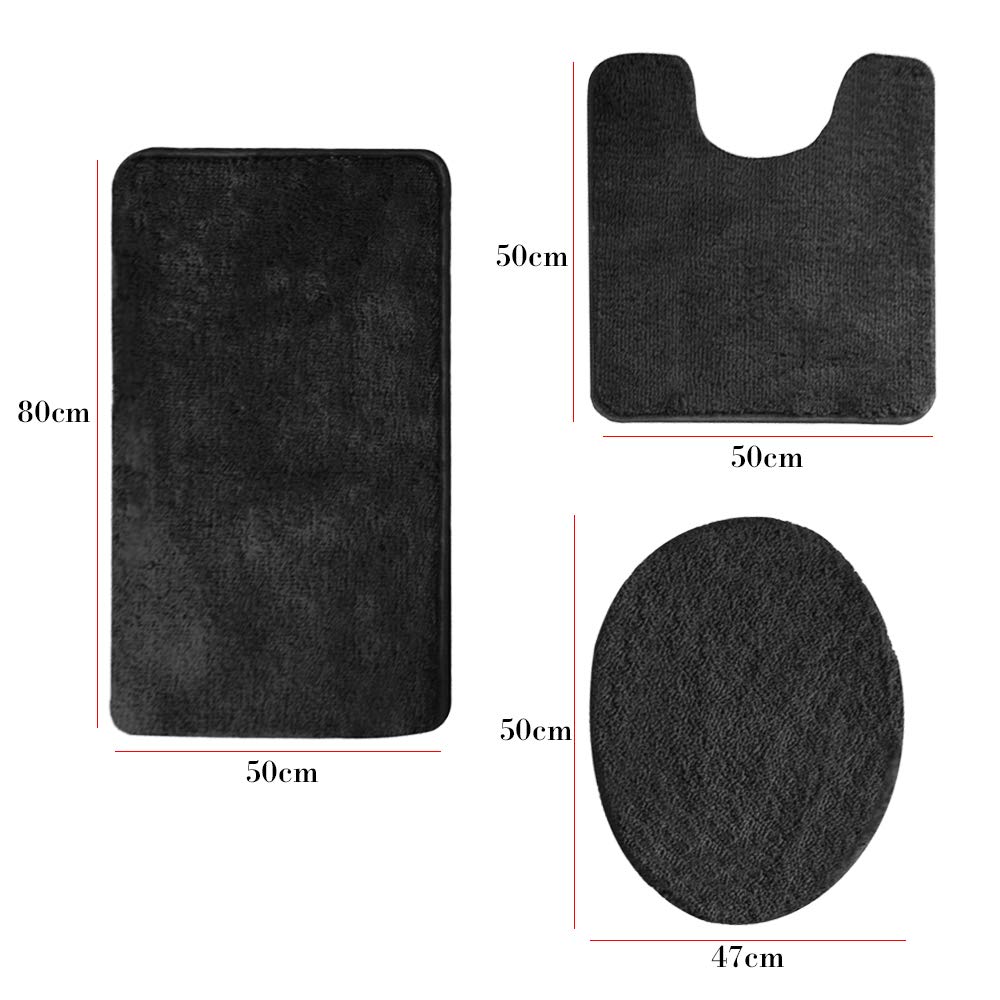 Premium 3-Piece Anti-Slip Bathroom Rug Set - Soft Rectangular Floor Mat, U-Shaped Toilet Mat & Toilet Lid Cover (Black) | Non-Slip Bath Mats for Bathroom Safety & Comfort | Perfect for Modern Bathrooms, Guest Baths & Home Decor
