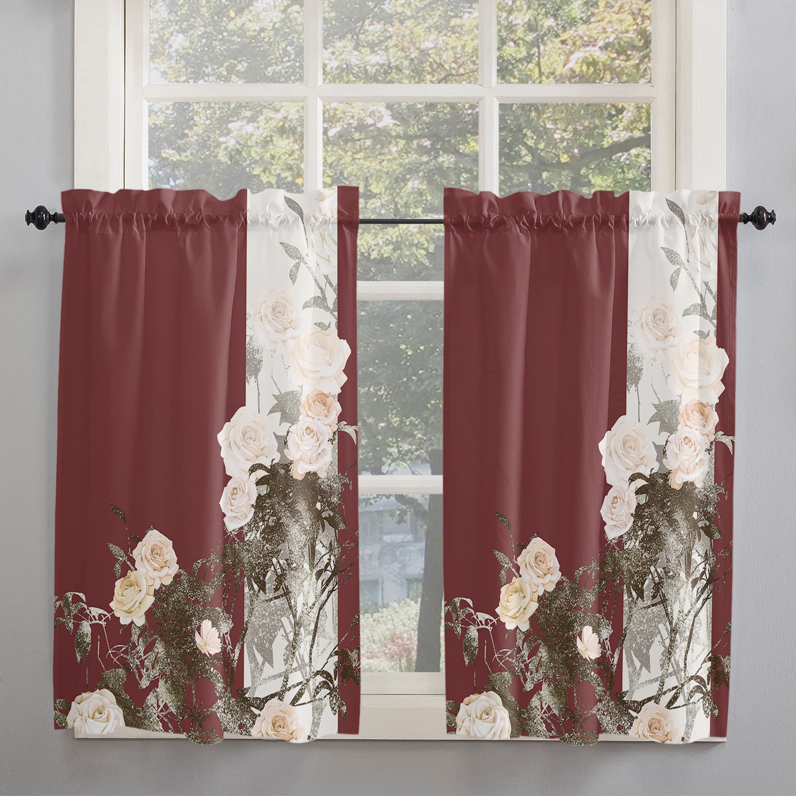 Pink Roses Floral Kitchen Valance Curtains 2 Panels - Light Filtering Tier Drapes with Rod Pocket, 52x45 Inches for Kitchen & Bathroom Window Decor - Perfect for Farmhouse, Cottage & Vintage Style Homes