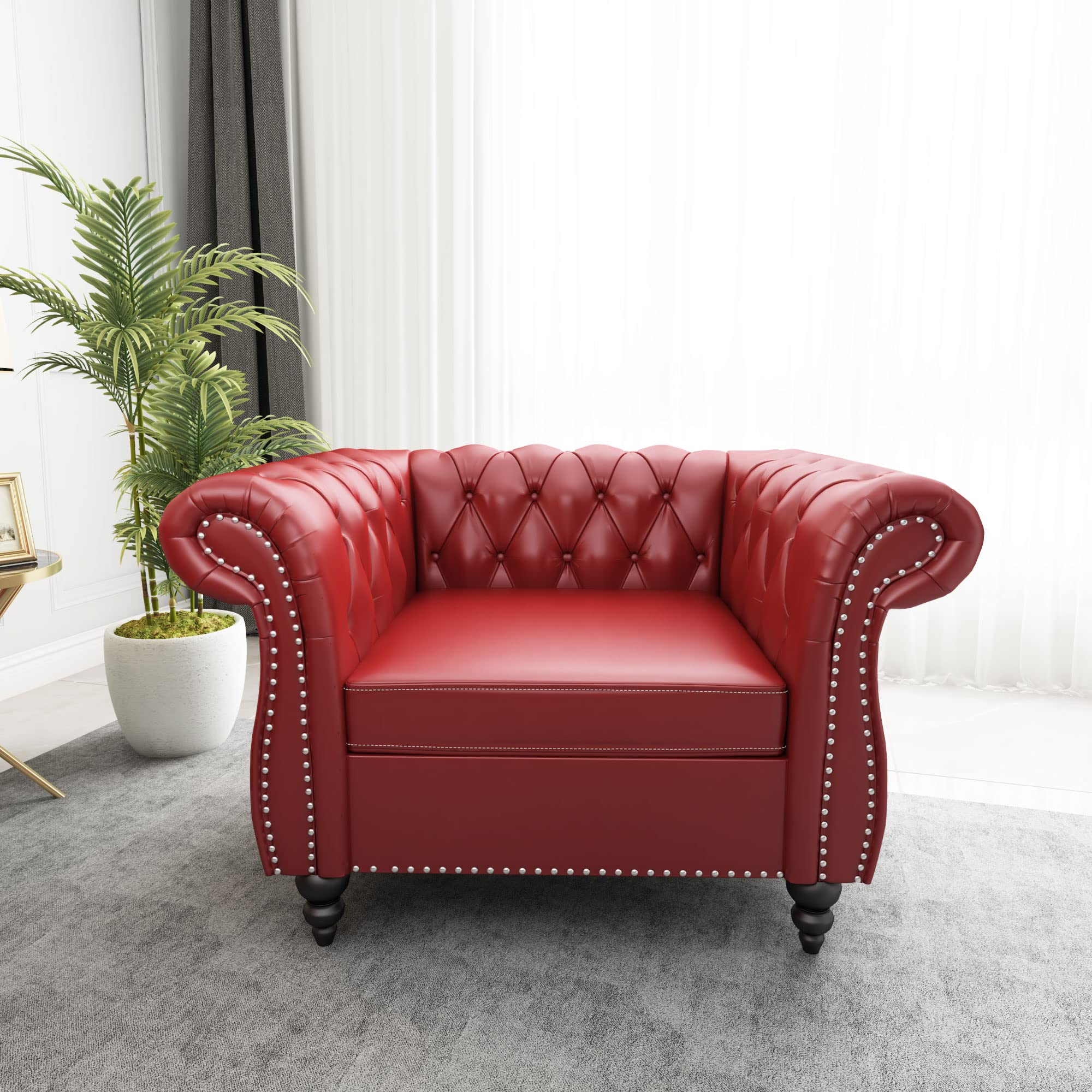 2-Piece Chesterfield Leather Living Room Set - Burgundy Sofa & Chair with Scroll Arms & Nailhead Trim for Home, Office & Lounge Spaces