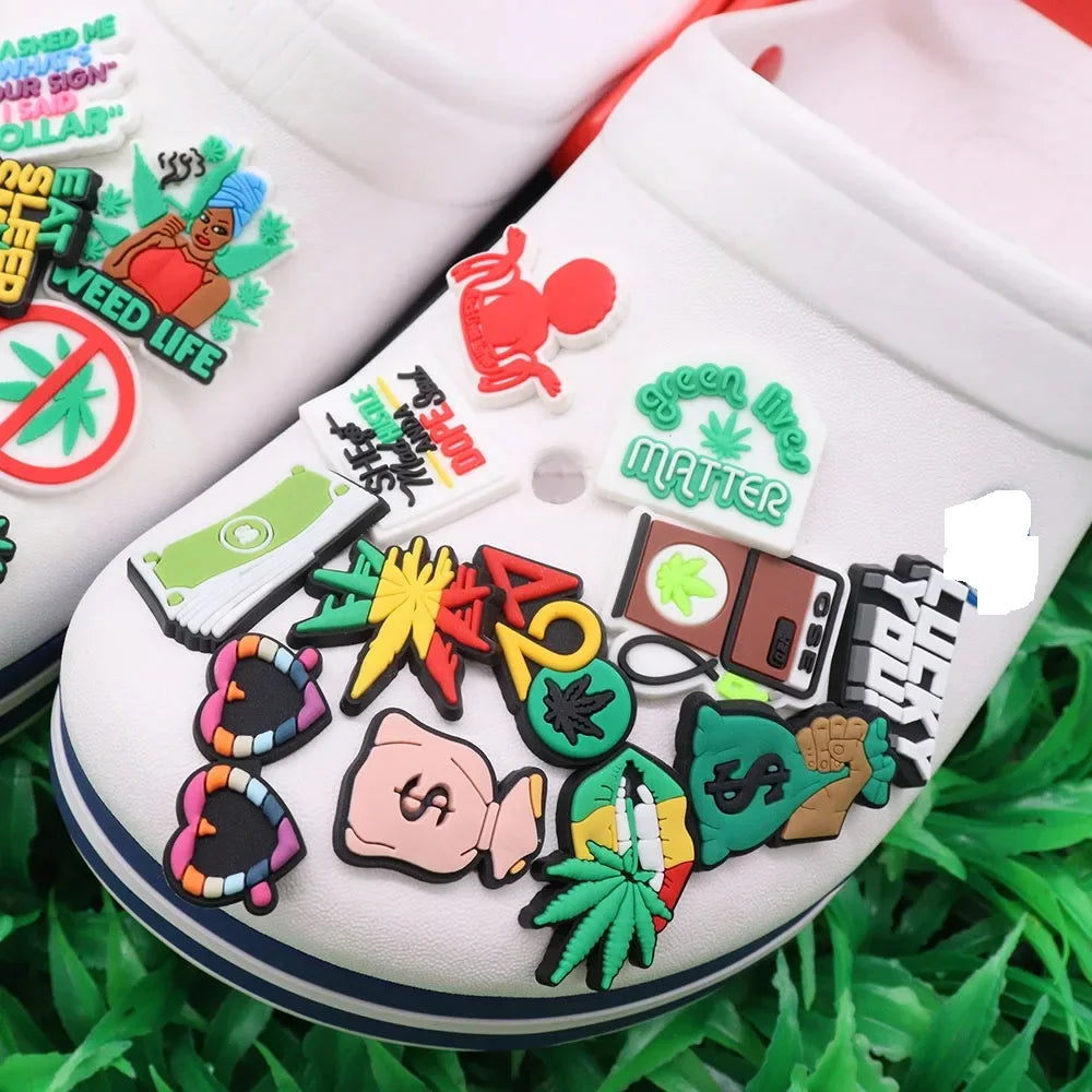 24Pcs PVC Shoe Charms for Clogs & Slippers - Tanker, Weed Life, Hand, Woman, Love Lips, Money & Coffee Designs - Fun Shoe Accessories for Women & Girls - Perfect for DIY Decor, Parties & Gifts