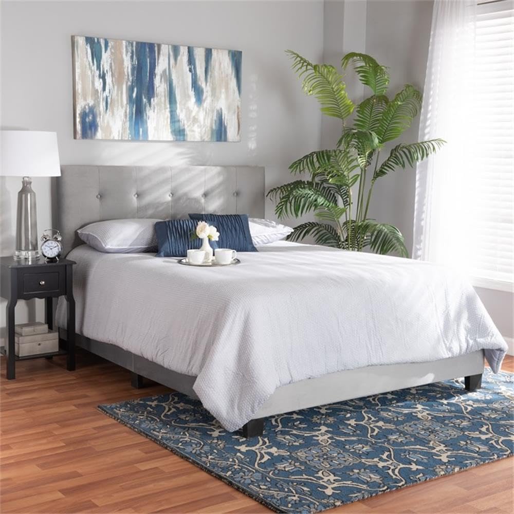 BOWERY HILL Grey Upholstered Queen Size Panel Bed Frame - Modern Upholstered Platform Bed with Wooden Slats - Perfect for Master Bedroom, Guest Room & Apartment