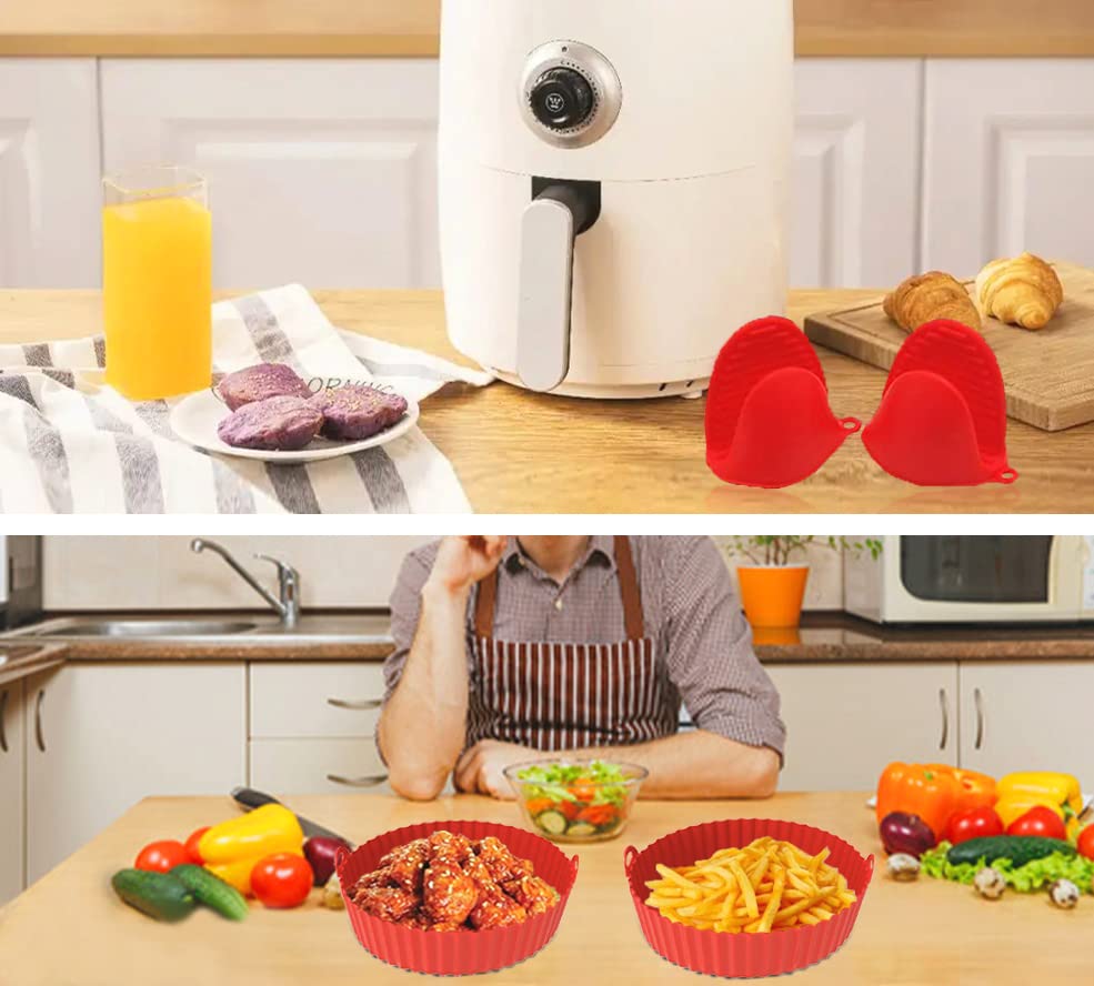 8.5-Inch Air Fryer Basket with 2 Kitchen Gloves - Reusable Silicone Accessories for 5-8 Qt Air Fryers (Red) - Perfect for Healthy Frying, Roasting, and Baking at Home