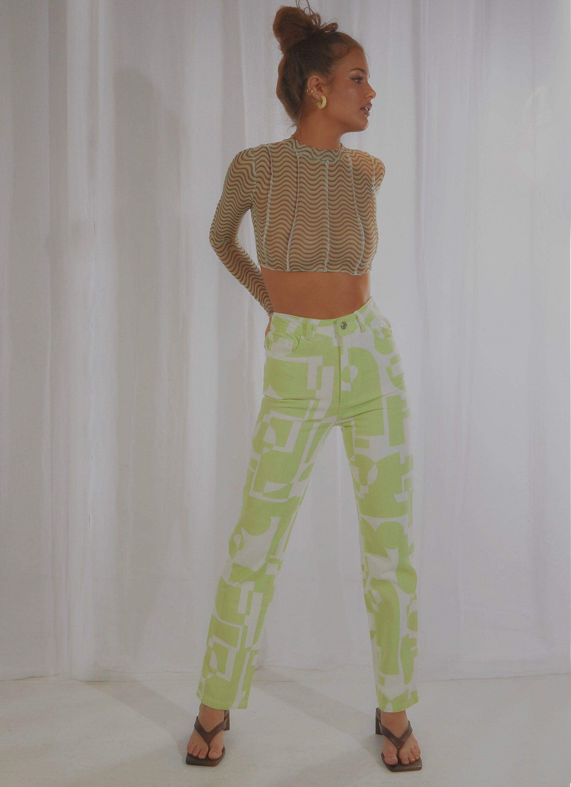 Electric Avenue Pants for Women - High Waisted Stretch Yoga Pants in Lime Green - Perfect for Workouts, Yoga, and Casual Wear