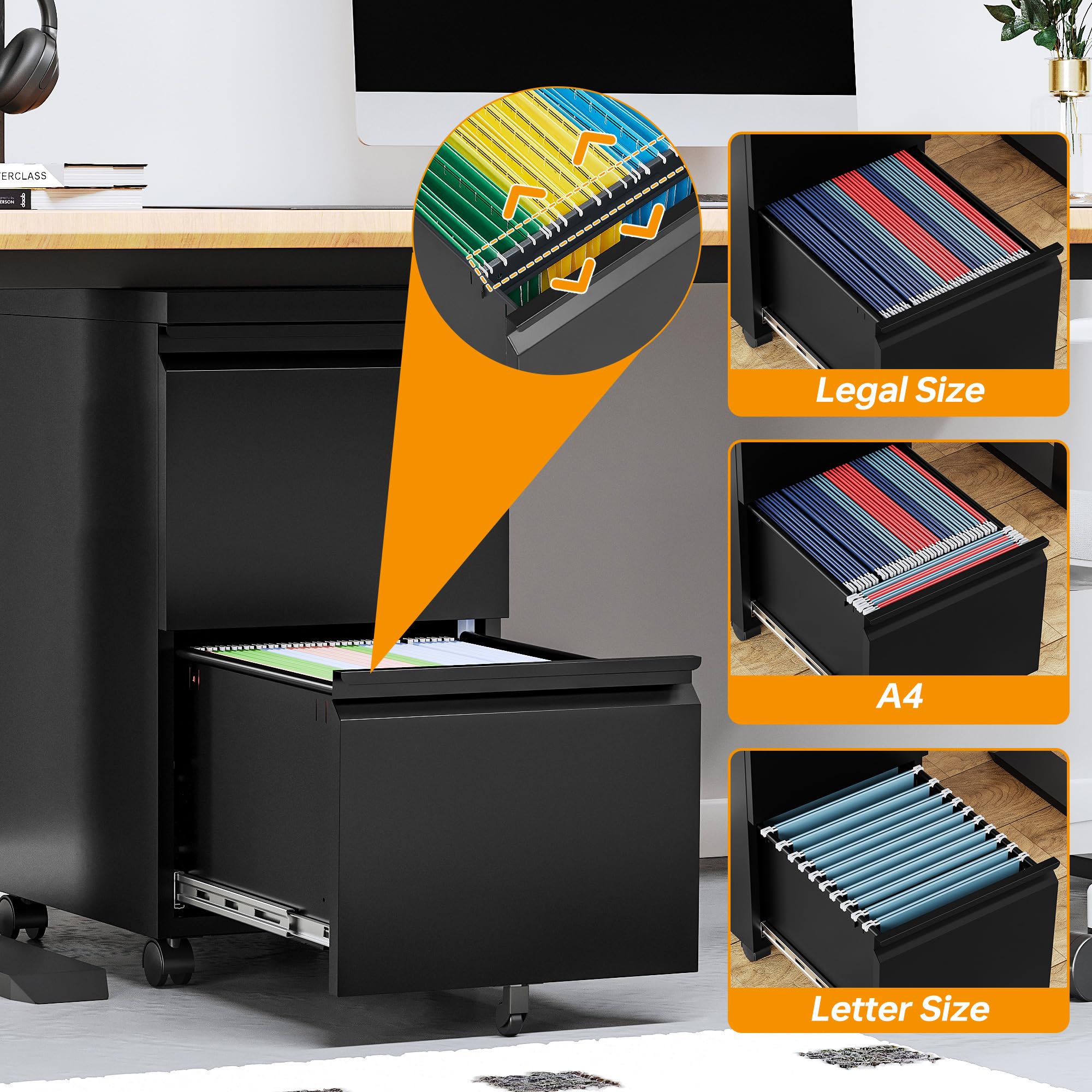 2-Drawer Mobile File Cabinet with Lock & Wheels - Black Metal Rolling File Cabinet for Home Office, Under Desk Storage, Printer Stand - Fully Assembled & Ready to Use