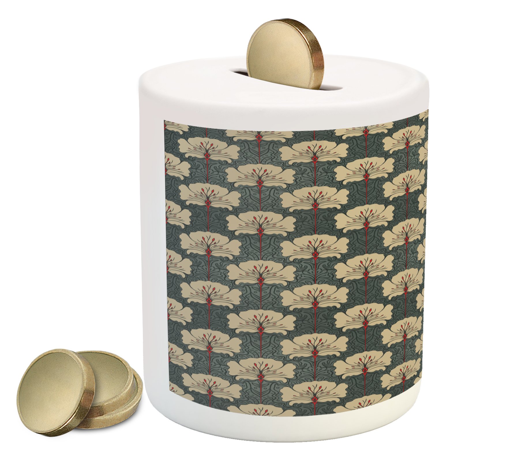 Ambesonne Floral Piggy Bank - Ceramic Coin Bank with Art Nouveau Style Romantic Poppy Flowers & Ornate Nature Design for Cash Saving (Tan Grey Vermilion) | Perfect Gift for Kids, Home Decor & Money Saving Goals