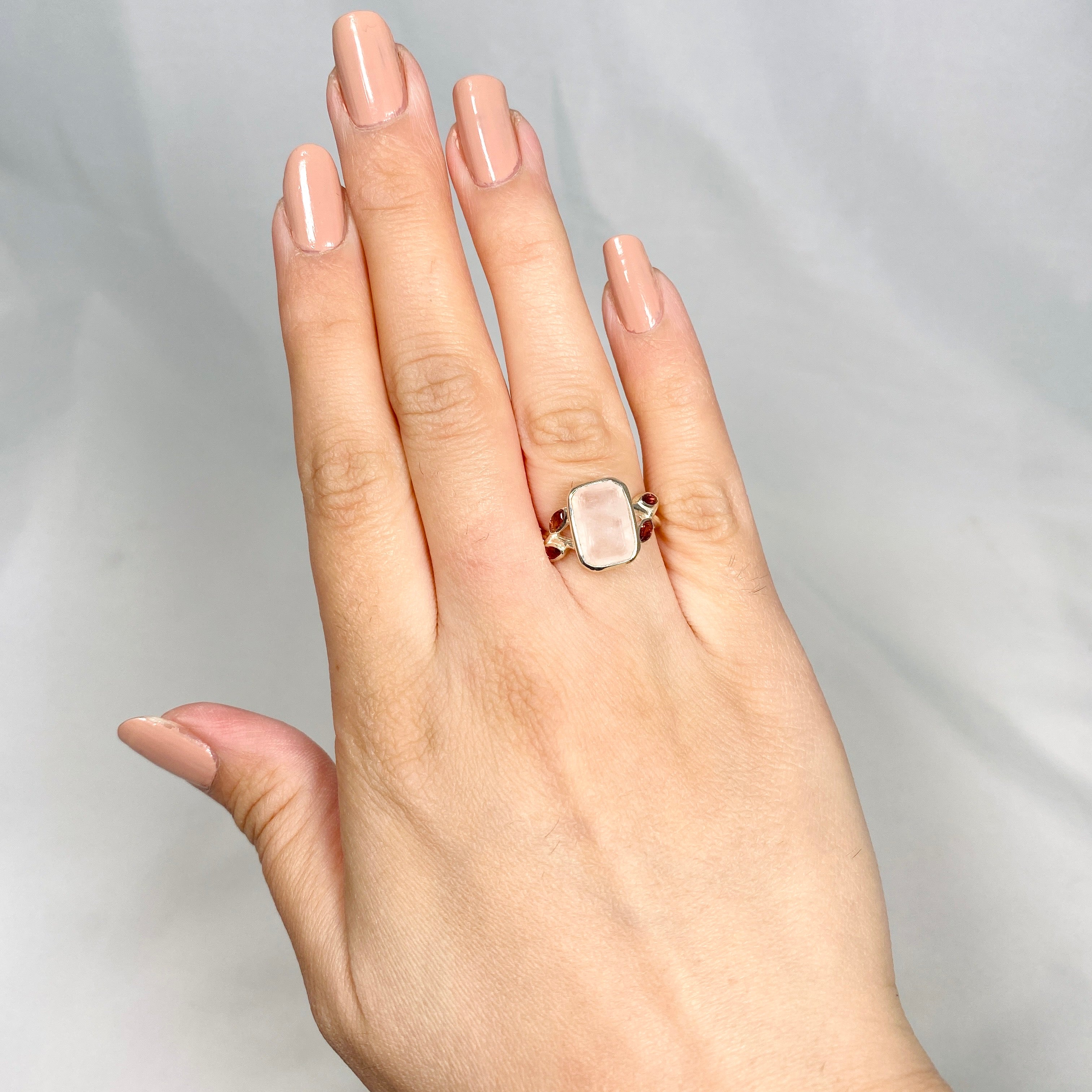 Rose Quartz Faceted Rectangular Multistone Ring with Botanical Details R3806 - Elegant Healing Crystal Jewelry for Women, Perfect for Meditation, Yoga & Spiritual Gifts