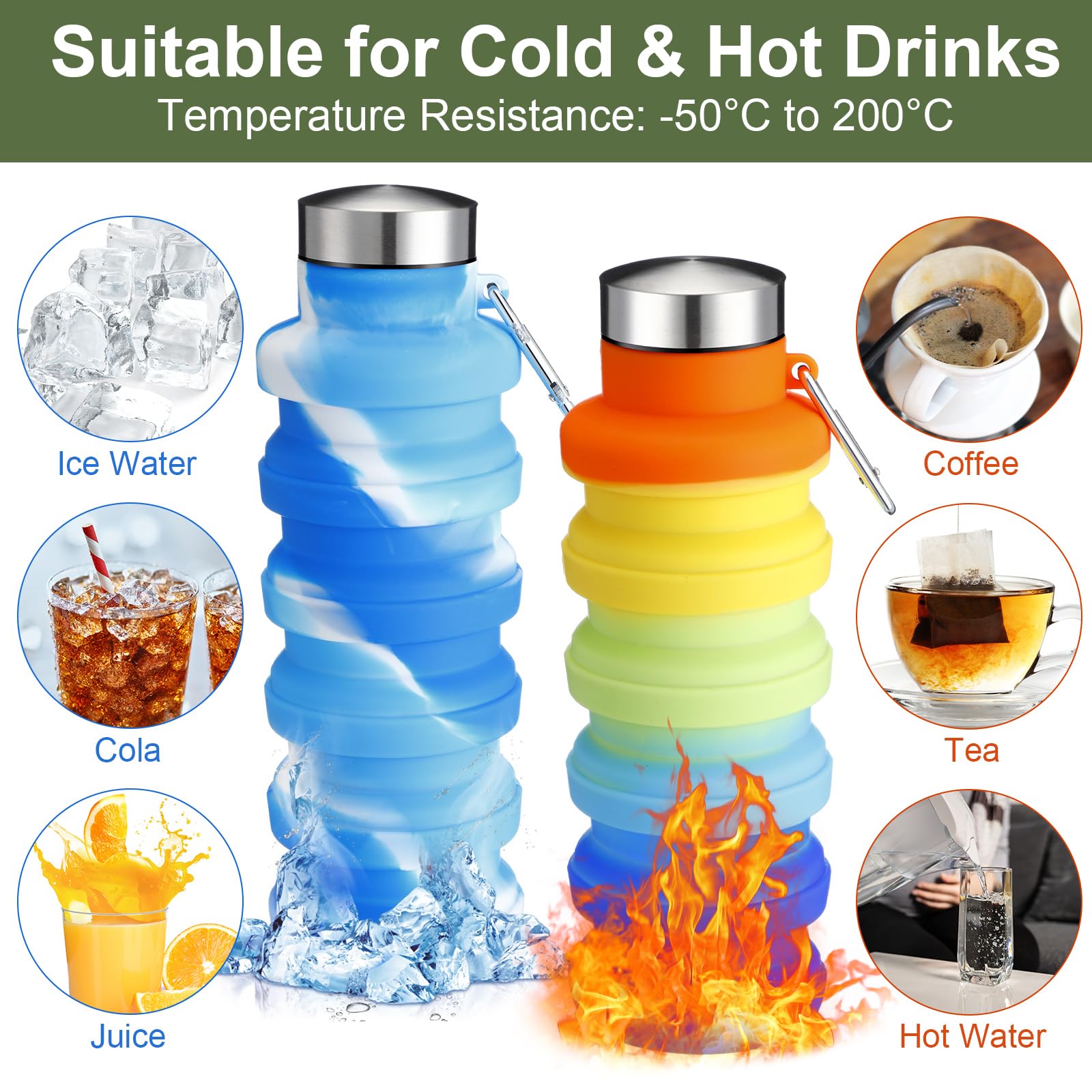 FillTouch 8 Pack Collapsible Water Bottles 17oz (500ml) - BPA Free Silicone Foldable Bottle with Carabiner Clip, Lightweight & Leakproof for Hiking, Camping, Travel and Gym