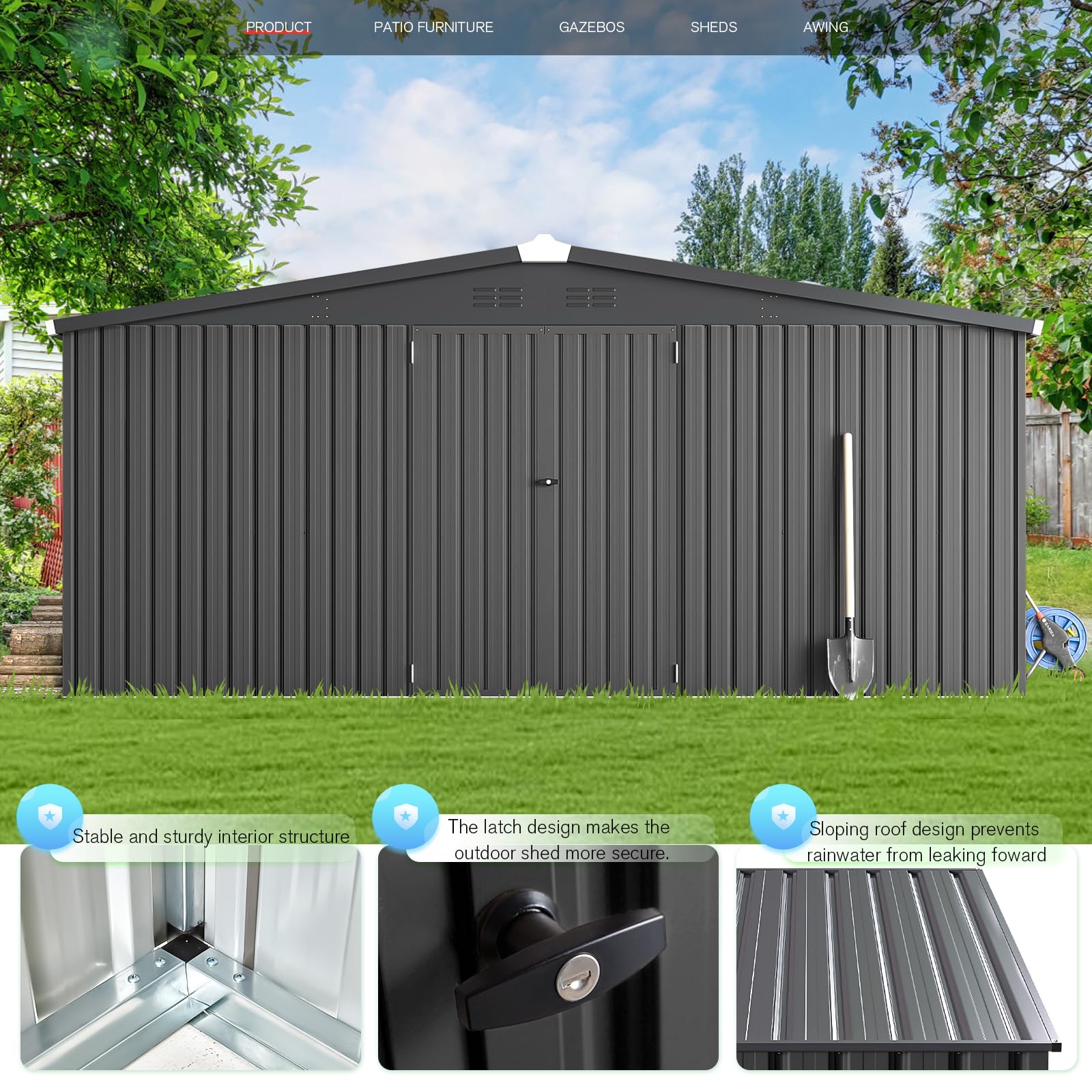 AECOJOY 14' x 12' Outdoor Metal Storage Shed - Heavy Duty Steel Utility Shed with Lockable Doors for Garden, Patio & Backyard - Weather Resistant Dark Grey Tool Shed for Lawn Equipment, Bikes & Seasonal Storage