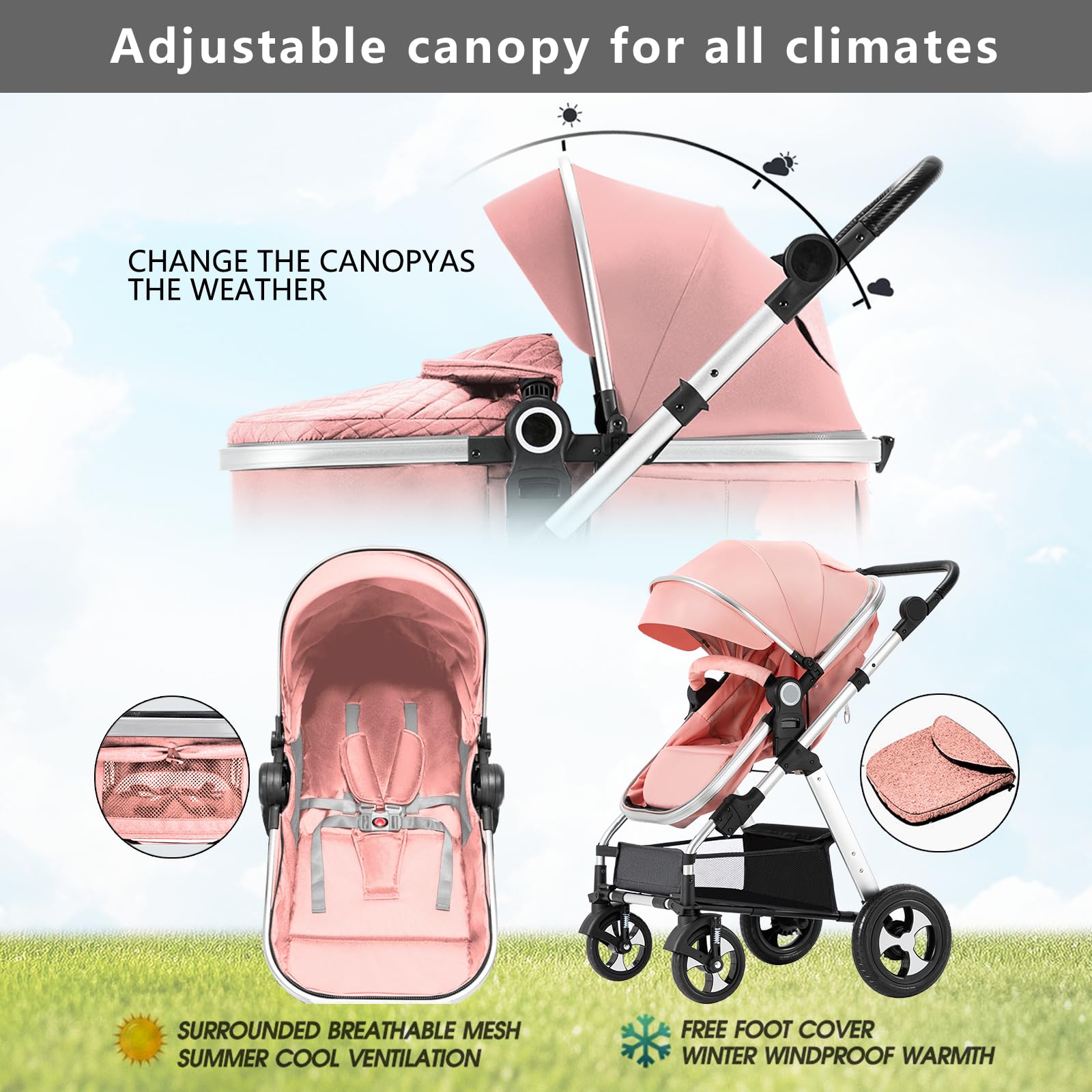 Blahoo 2-in-1 Baby Stroller for Newborns & Toddlers | Foldable Lightweight Aluminum Alloy Pushchair with Adjustable Backrest & Canopy | Perfect for City Walks, Shopping & Travel