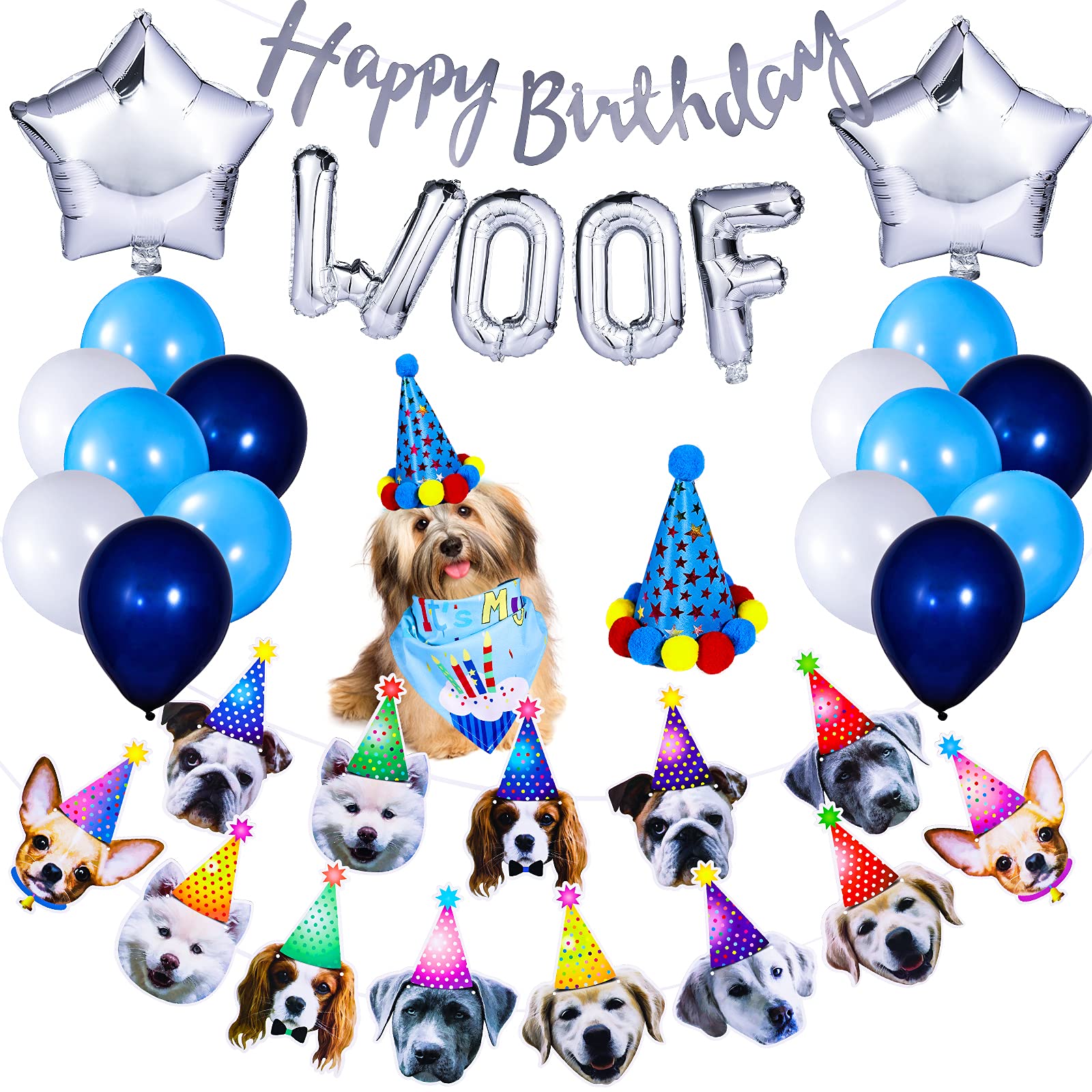 Dog Birthday Party Supplies Set - Blue Birthday Bandana, Hat, Scarf, Letter Balloons & Happy Birthday Banner for Pet Celebration | Perfect for Dog Birthday Parties, Puppy Adoption Days & Pet Celebration Events