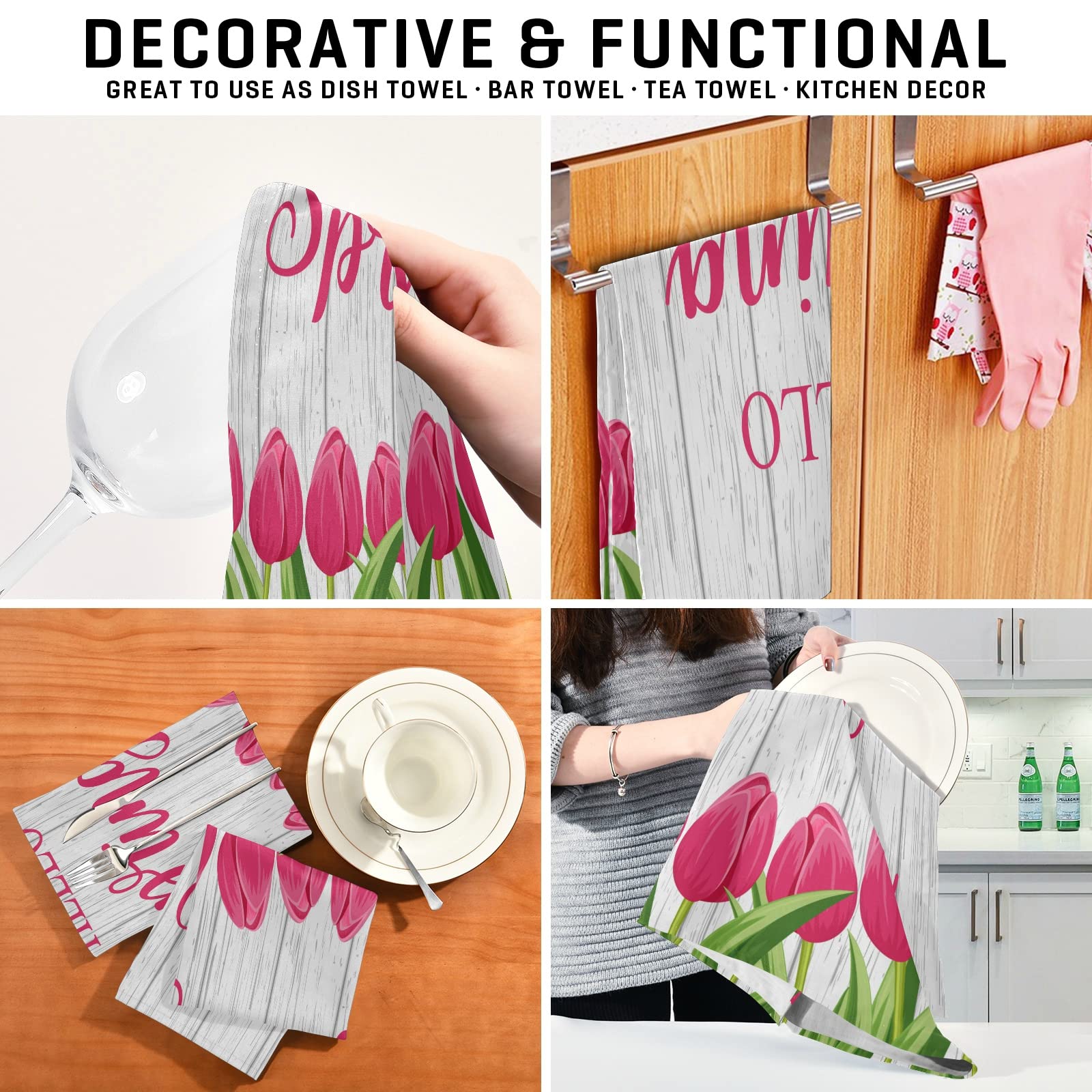 ALAZA Hello Spring Tulip Flower Wooden Handle Kitchen Towels - Set of 6 Super Absorbent Soft Dish Towels (18x28 Inches) for Bar, Tea, Dishes & Home Decor