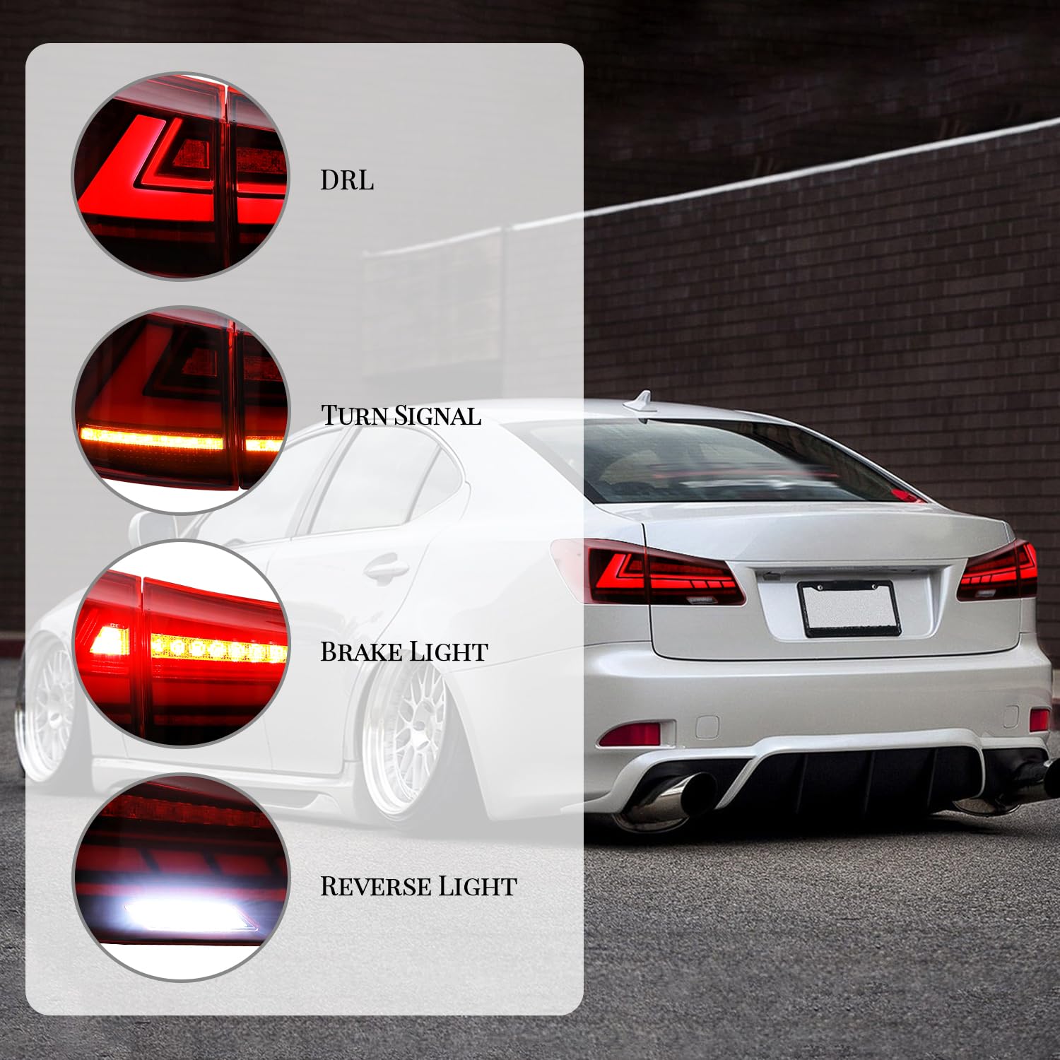 HCmotion LED Tail Lights Assembly for 2006-2013 Lexus IS250 IS350 ISF XE20 Sedan - Plug & Play Replacement with DRL, Sequential Turn Signals & Startup Animation - Perfect for Night Driving & Car Customization