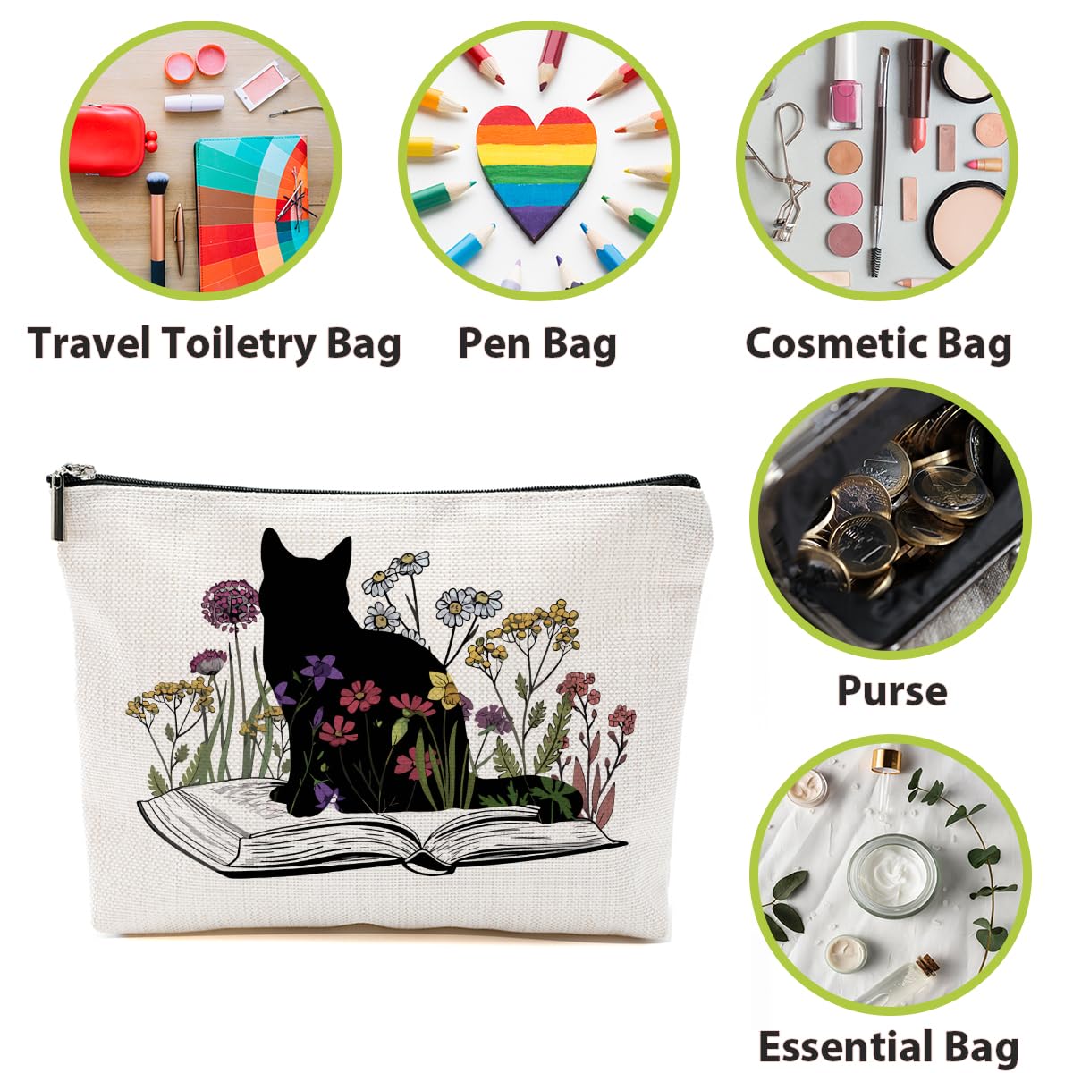 **Elegant Floral Cat Makeup Bag - Perfect Gift for Cat Lovers, Book Enthusiasts & Moms - Ideal for Travel, Cosmetics & Toiletries - Great for Christmas, Thanksgiving & Birthdays**