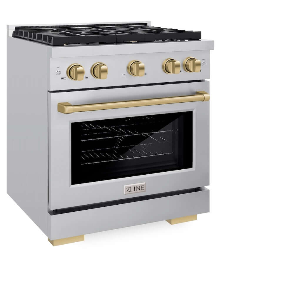 ZLINE Autograph Edition 30-inch 4.2 cu. ft. Dual Fuel Range with 4-Burner Gas Cooktop & Electric Convection Oven - Stainless Steel with Champagne Bronze Accents (SDRZ 30 CB) - Perfect for Gourmet Kitchens & Professional Home Chefs