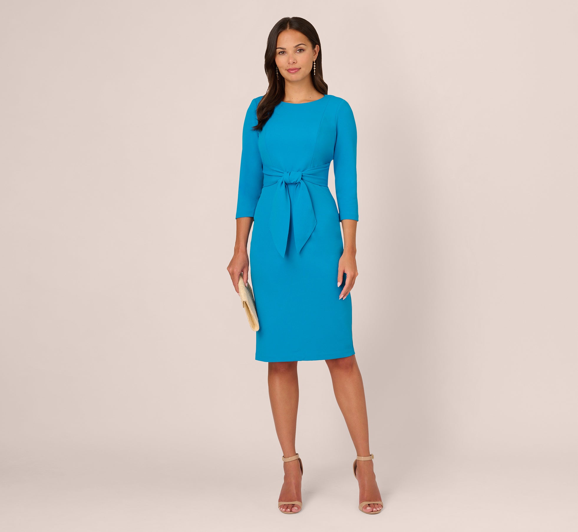 Elegant Blue Coast Knit Crepe Bow Sheath Dress with 3/4 Sleeves - Perfect for Office Wear, Cocktail Parties & Special Occasions