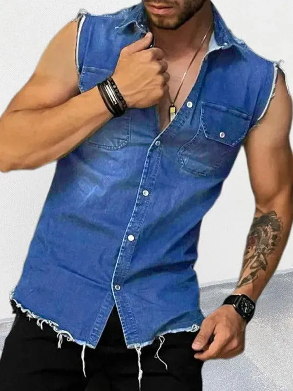 Distressed Sleeveless Men's Denim Shirt - Vintage Washed Denim Vest for Casual Wear & Summer Outfits - Perfect for Music Festivals, Beach Parties and Street Style Fashion