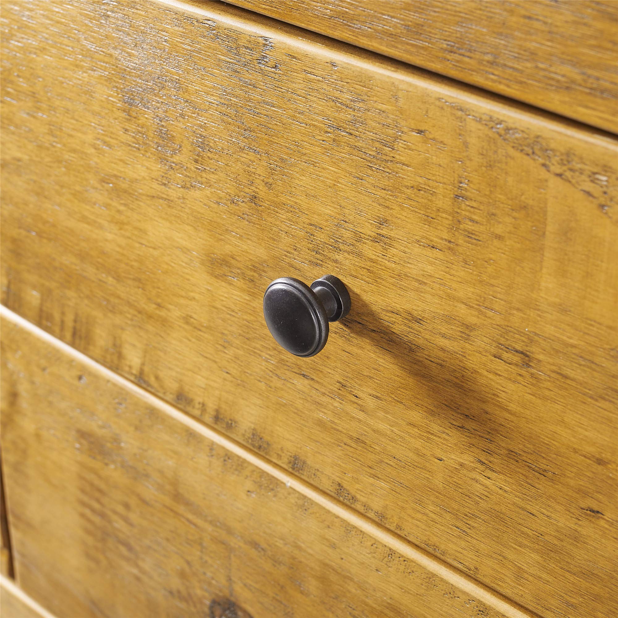 Rustic 5-Drawer Wood Dresser with Round Metal Knobs - Oak Finish Nightstand for Bedroom Storage | Farmhouse Bedside Table for Home Decor & Organization