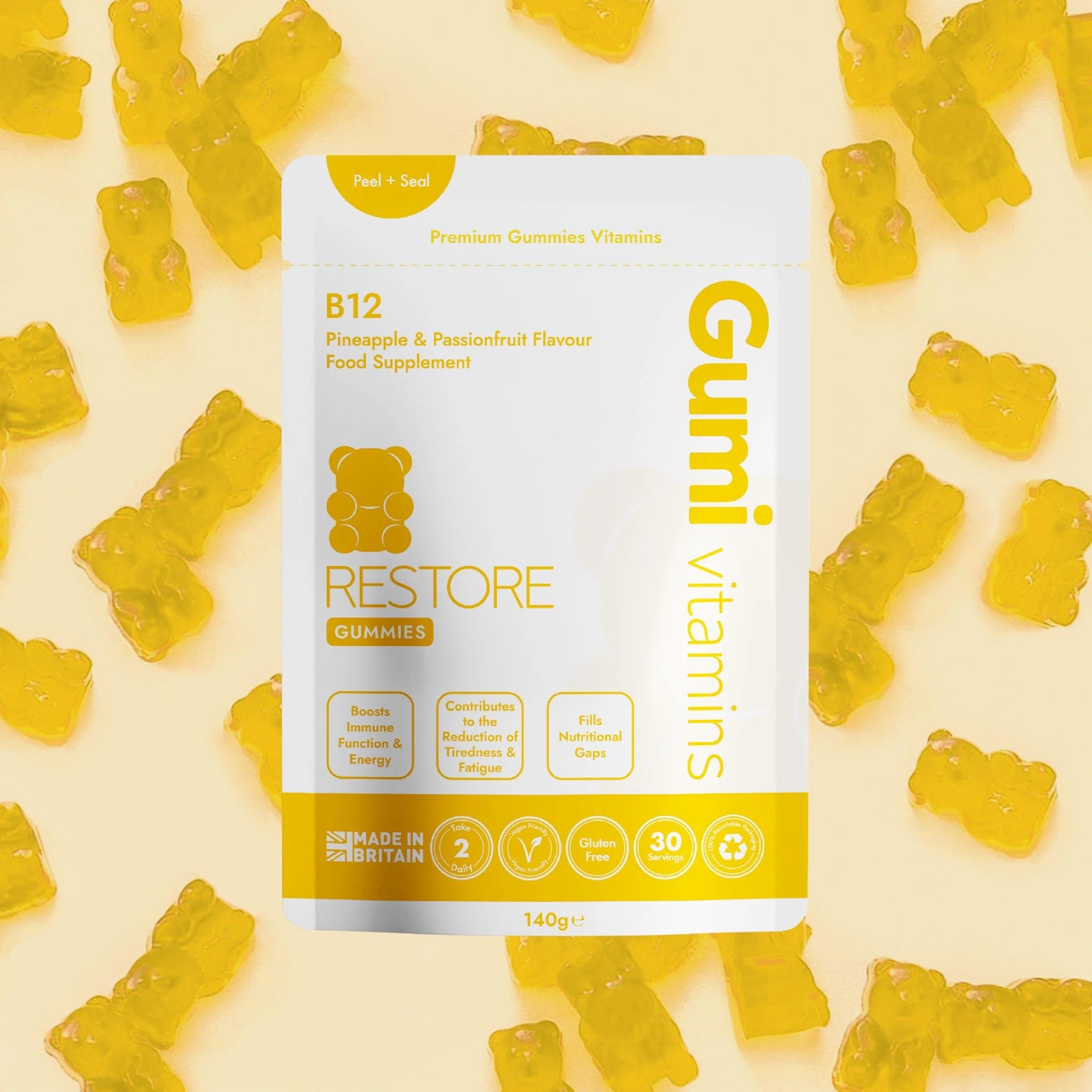 Gumi Vitamins Restore B12 - Delicious Vitamin B12 Gummies for Energy Boost & Immune Support - Perfect for Adults & Kids Daily Health