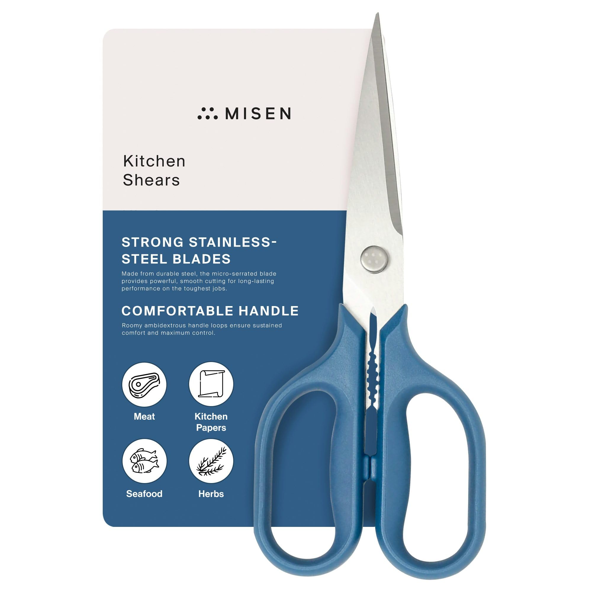 Misen Heavy Duty Kitchen Shears - Professional Stainless Steel Cooking Scissors for Cutting Meat, Poultry, Herbs & Vegetables - Ergonomic Ambidextrous Comfort Grip - Dishwasher Safe Easy Clean - Perfect for Meal Prep, Butchering & Crafting - Blue