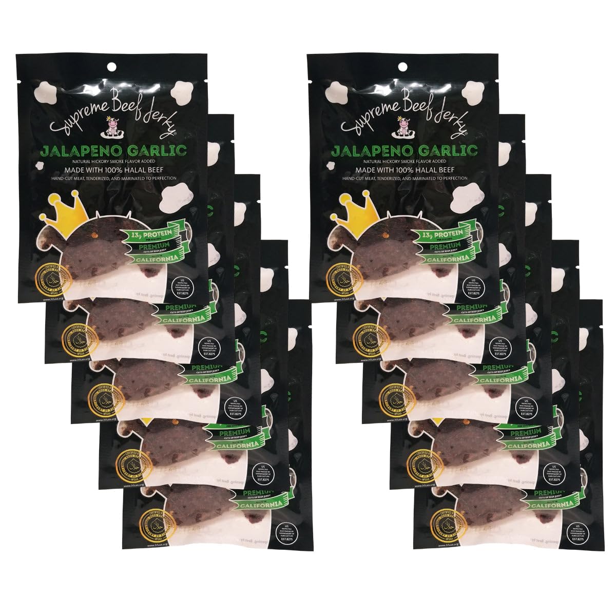 Premium Zabiha Halal Certified Supreme Beef Jerky - Handcrafted Gourmet Meat Snacks, Jalapeno Garlic Flavor, 2.5 oz Bags (Pack of 10) - Perfect for Road Trips, Camping & Protein-Packed Snacking